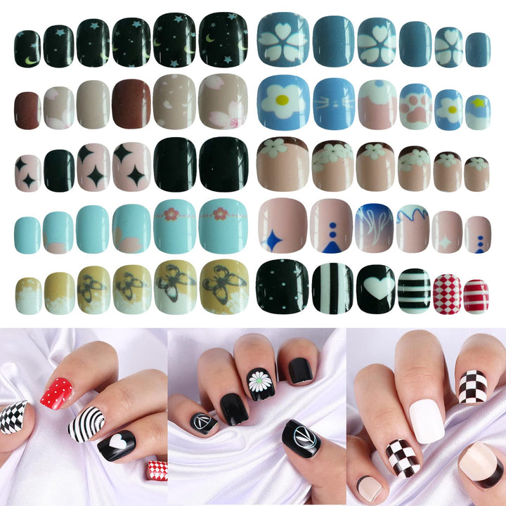 LoveOurHome 240pc Square Press on Nails Short Fake Nails Flower Heart Star False Nail Tips Short Artificial Nails Press ons Nail Cute Presson Fake Fingernails for Women Kids Teen Girls