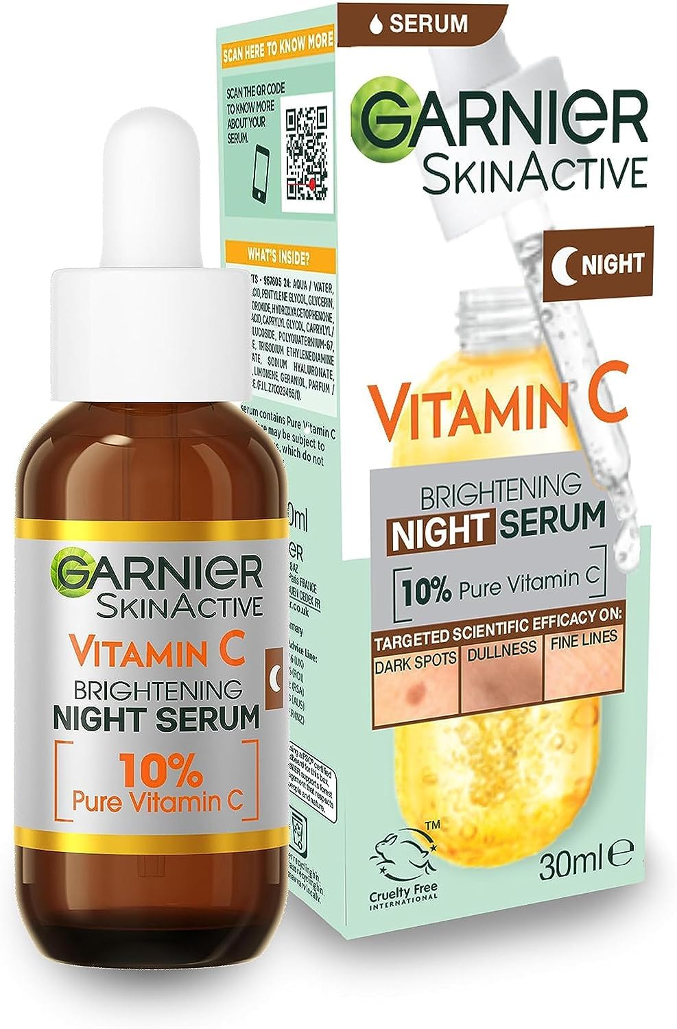 Garnier Targeted Anti Dark Spot Night Serum for Face, with 10% Pure Vitamin C & Hyaluronic Acid, Anti Pigmentation & Dullness, For All Skin Types, Approved by Cruelty Free International, Vegan, 30 ml