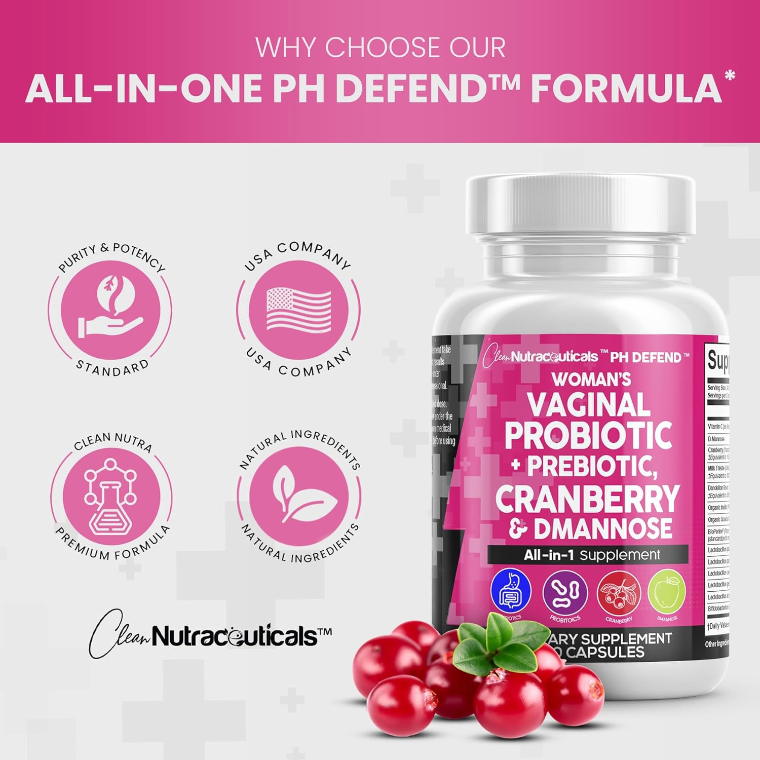 Clean Nutraceuticals Vaginal Probiotics for Women + Prebiotics 20 Billion Cranberry Pills w/D-Mannose 500 mg for Urinary Tract Health pH Balance - for Vaginal Health Supplements Pills - 1 Pack