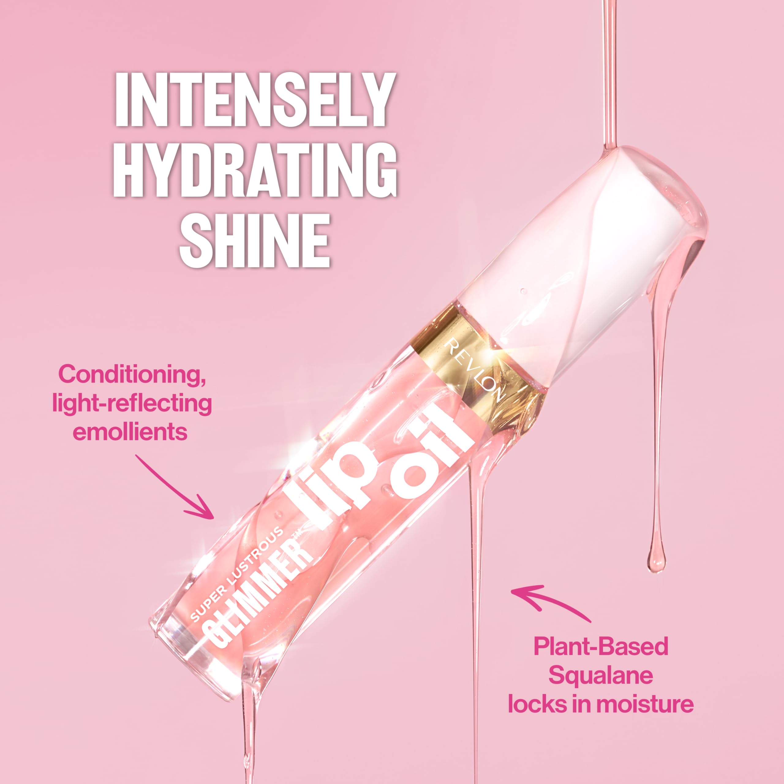 REVLON Super Lustrous Glimmer Lip Oil, Moisturizing & Tinted, Shiny Finish, Made with Plant-Based Squalane, 001 Candy Hearts, 0.13 fl oz