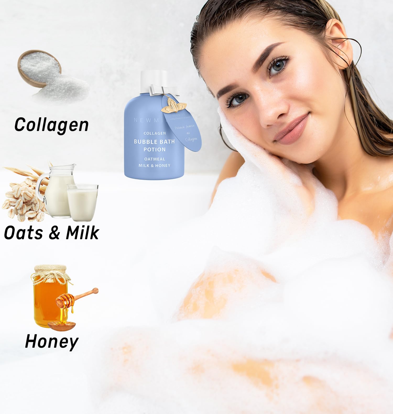 Collagen Luxury Bubble Bath Long Lasting Foam with Oatmeal Milk Honey Moisturizing Relaxing Stress Relief Calming Self Care Spa Gift for Women and Men