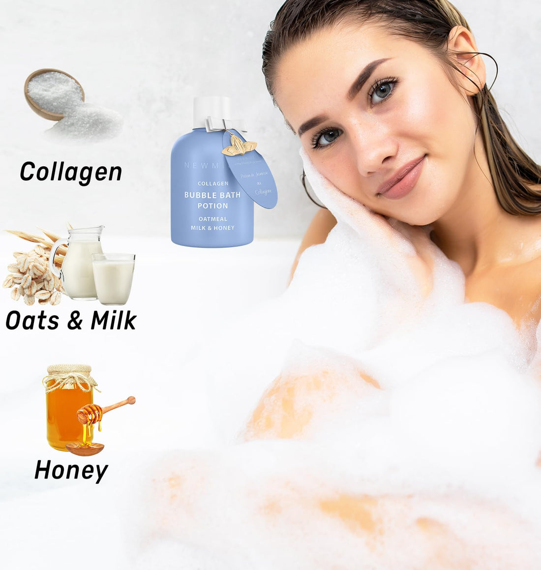 Collagen Luxury Bubble Bath Long Lasting Foam with Oatmeal Milk Honey Moisturizing Relaxing Stress Relief Calming Self Care Spa Gift for Women and Men