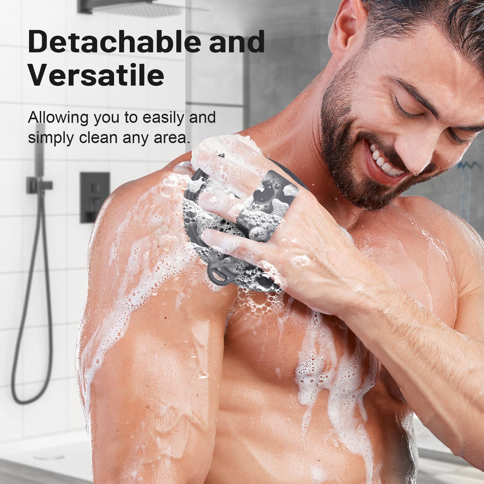 MIHJVLIFE - Silicone Back Scrubber for Shower - 16'' Detachable Long Handle Exfoliating Brush, 2025 Upgrade Loop Fin Bristles Body Brush, Deep Cleansing for All Skin, Back Washer for Men and Women