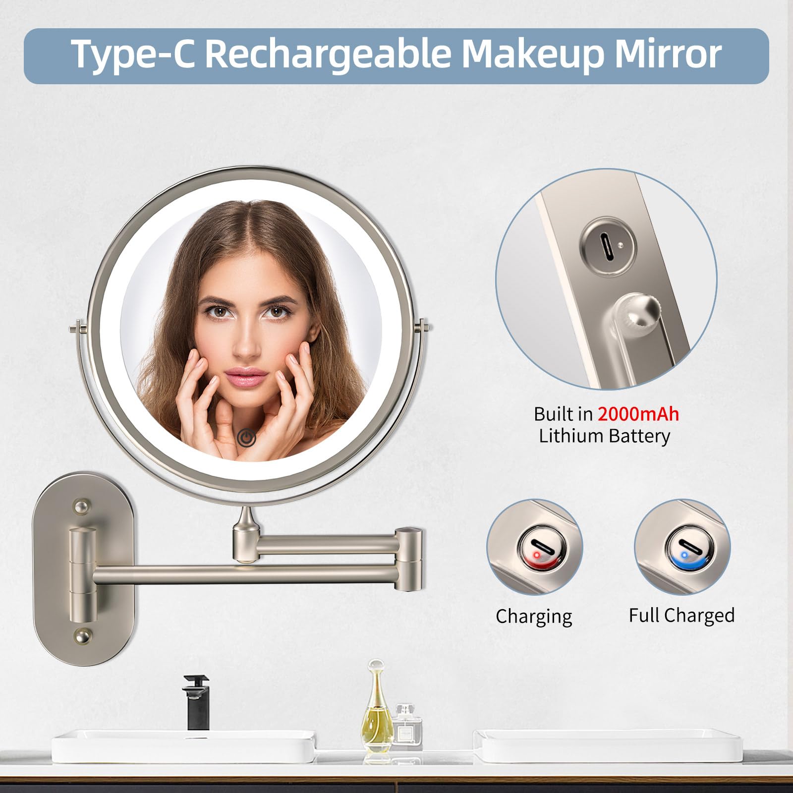 Rechargeable Wall Mounted Lighted Makeup Vanity Mirror 8 inch 1X/10X Magnifying Mirror with 3 Color Lights, Double Sided Bathroom Mirror with Dimmable LED Lights, Shaving Light up Mirror Brush Nickel