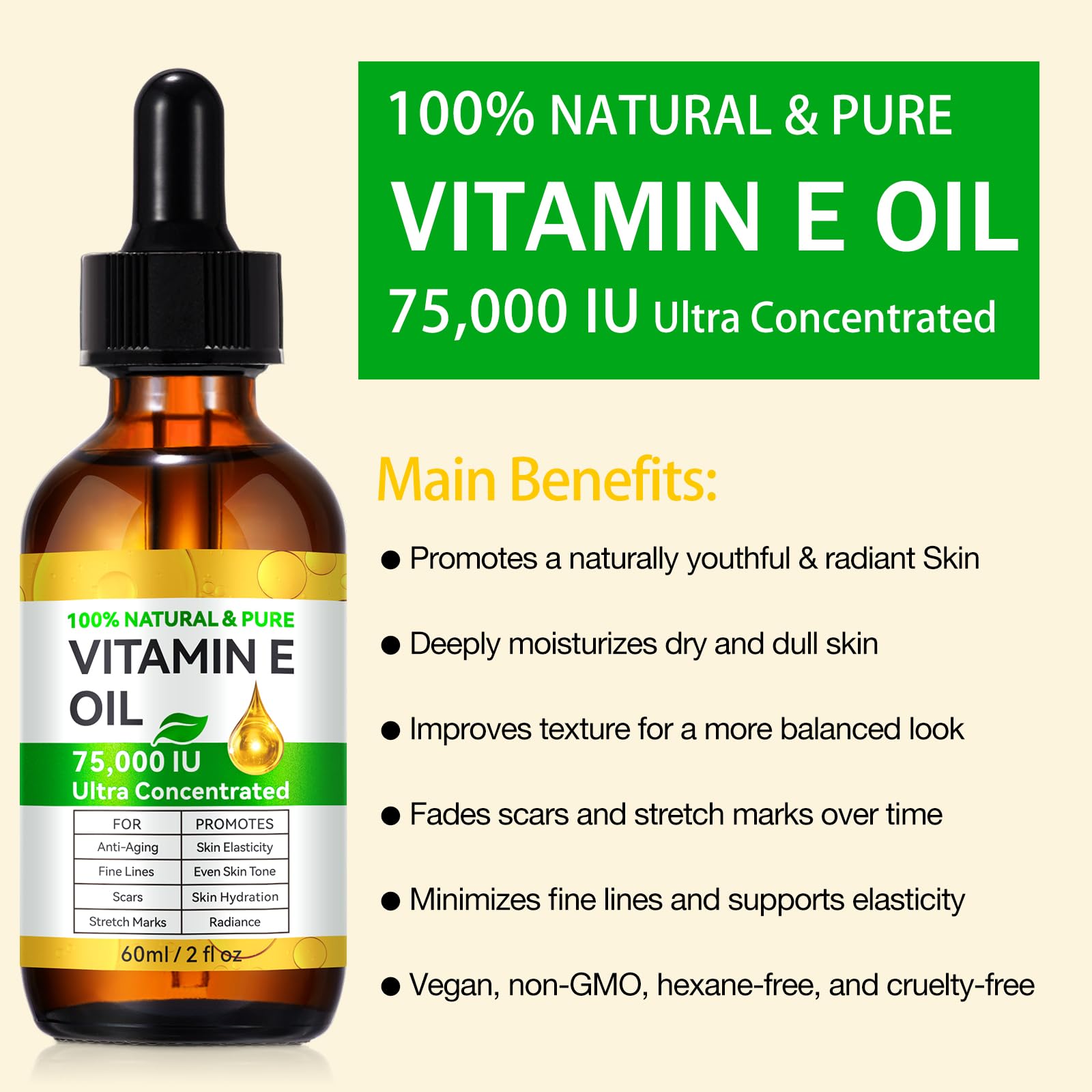 Vitamin E Oil, 75,000 IU, 100% Pure & Natural Vitamin E Oil for Skin, Face, Hair, Nails & Scars, Body Bath Moisturizing Dry Skin and Winkles, Non-GMO & Vegan (2 Fl Oz (Pack of 1))