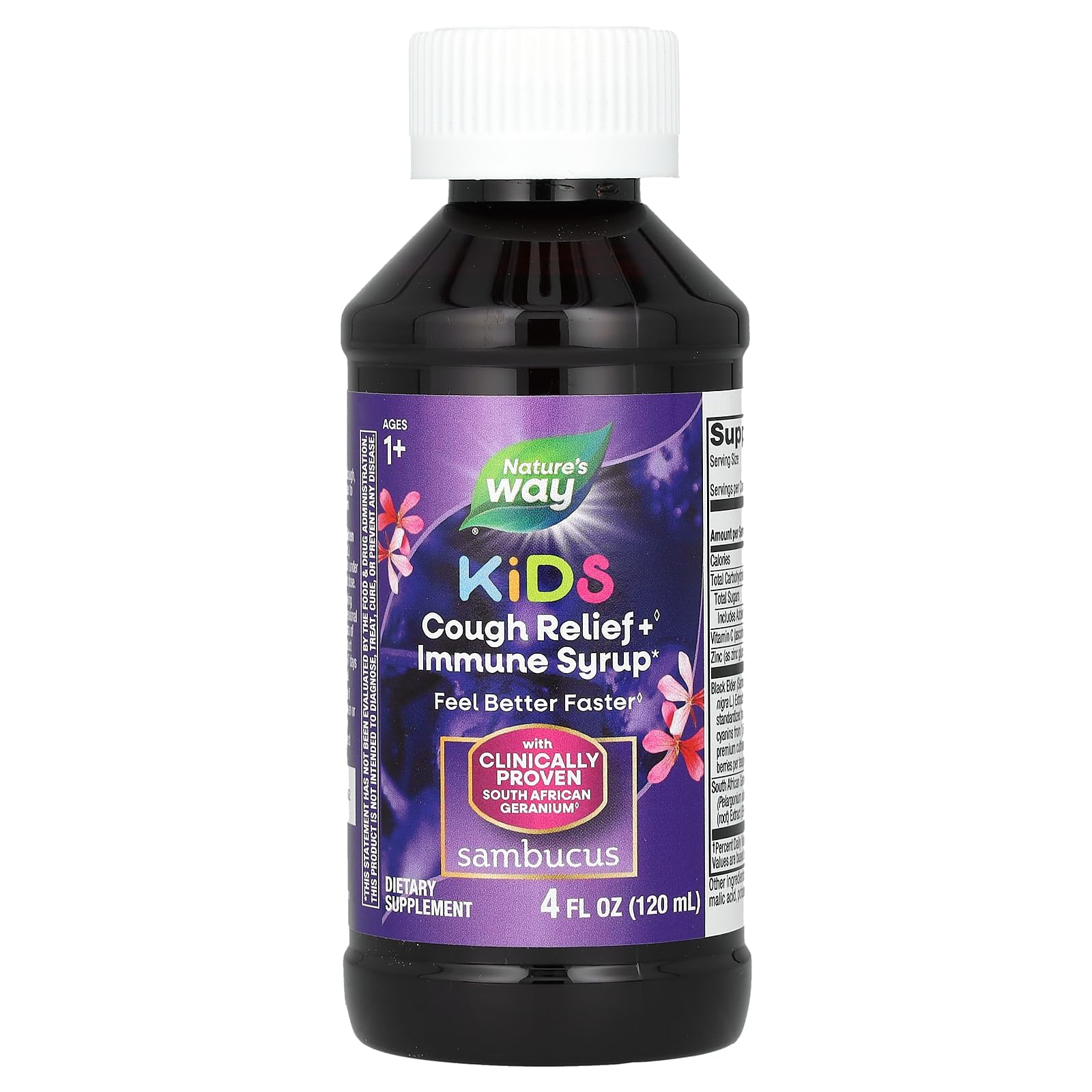 Nature’s Way Sambucus Kids Cough Relief +(1) Immune Syrup*, Feel Better Faster(1), Clinically Proven South African Geranium, with Elderberry Extract, Vitamin C & Zinc, Gluten Free, Vegan, 4 Fl Oz