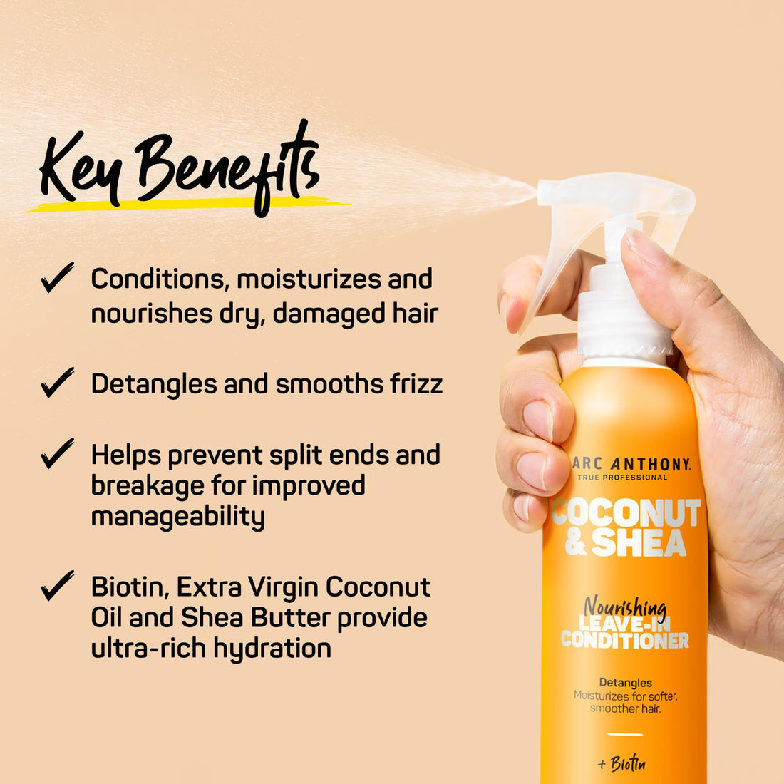 Marc Anthony Leave-In Conditioner Spray, Coconut Oil & Shea Butter - Anti-Frizz Biotin Detangling Spray to Moisturize for Softer Smoother Hair - Color Safe & Sulfate Free Styling Product