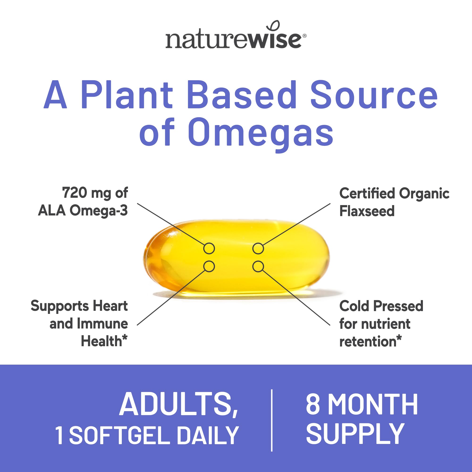 NatureWise Flaxseed Oil 1200 mg, Fish Free Omega 3 Supplement with 720mg ALA, Omega 3 6 9, Dietary Supplement for Heart Health Support - Organic, Cold Pressed, Non-GMO - 240 Softgels[8-Month Supply]