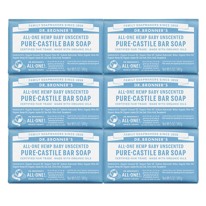Dr. Bronner's - Pure-Castile Bar Soap (Baby Unscented, 5 oz, 6-Pack) -Made with Organic Oils, For Face, Body & Hair, Gentle for Sensitive Skin & Babies, No Added Fragrance,Biodegradable,Vegan,Non-GMO