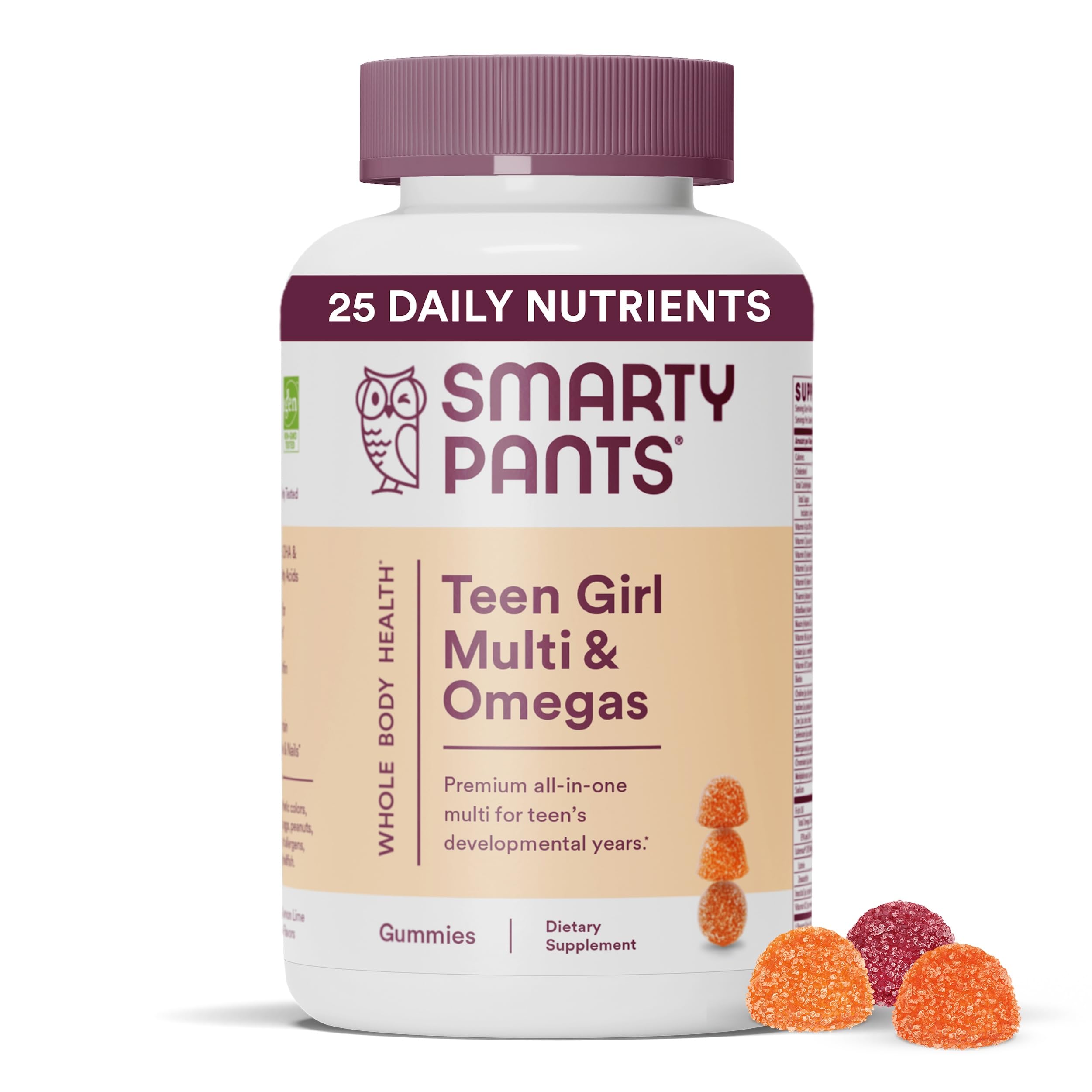 SmartyPants Teen Girl Multivitamin Gummies: Omega 3 Fish Oil (EPA/DHA), Vitamin C, D3, B12, Vitamin A, K & Zinc, Gluten Free, Includes Biotin to Support Hair, Skin & Nails, 120 Count (30 Day Supply)