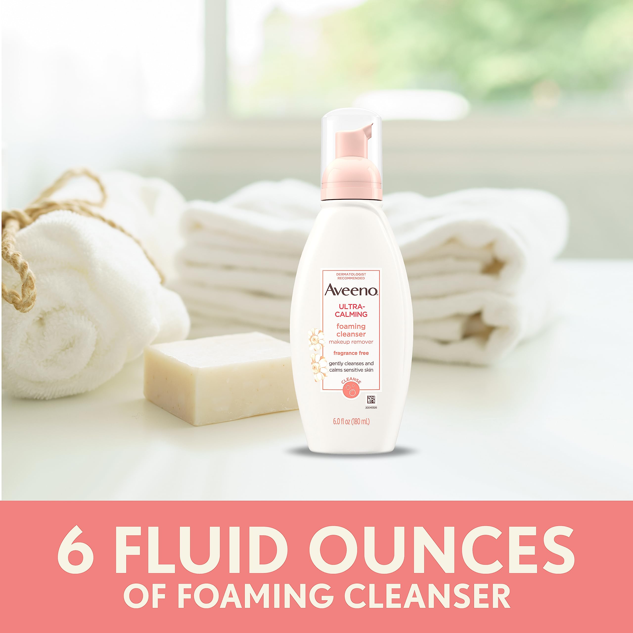 Aveeno Ultra-Calming Foaming Cleanser & Makeup Remover Facial Cleanser with Calming Feverfew, Face Wash for Dry & Sensitive Skin, Hypoallergenic, Fragrance-Free & Non-Comedogenic, Unscented, 6 Fl Oz