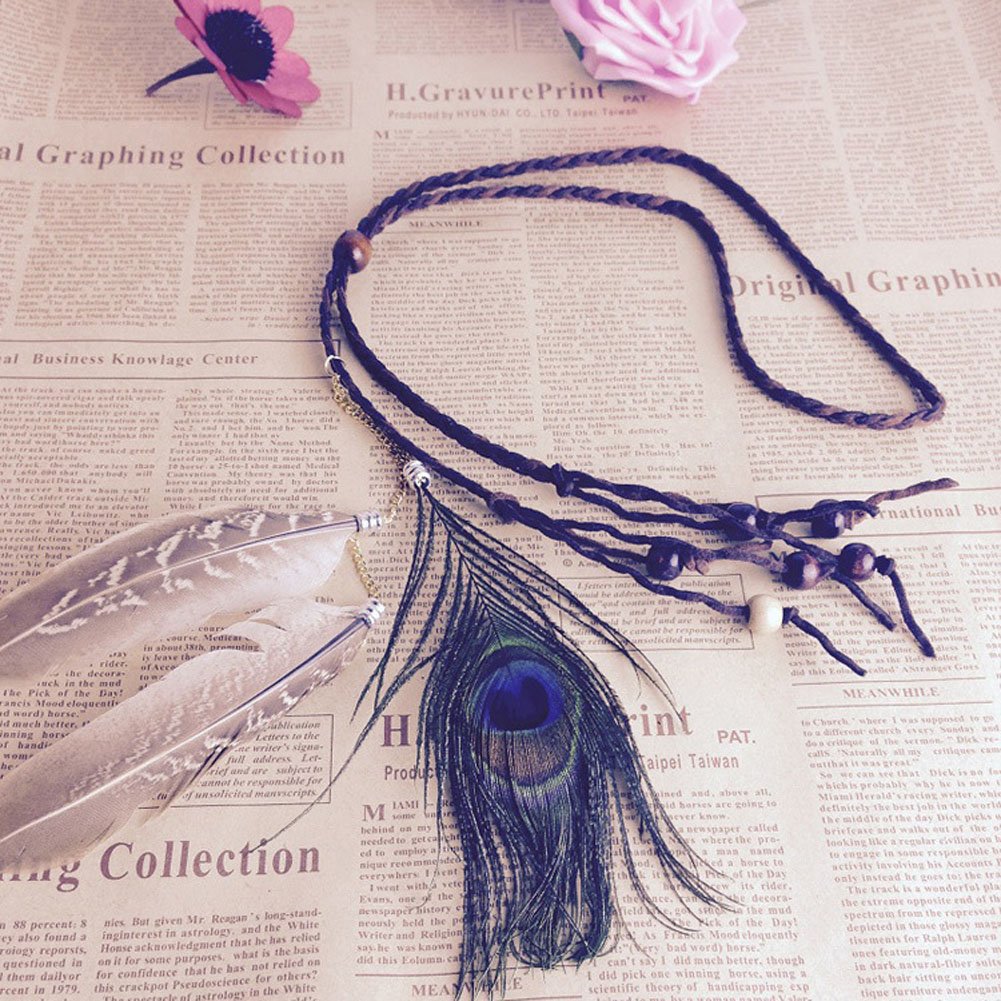 Girls Women Lady BOHO Peacock Feather Hair Band Head Band Hairdressing Folk Style Indian Handmade Headband Hair Hoop Headpiece Headwear Accessory
