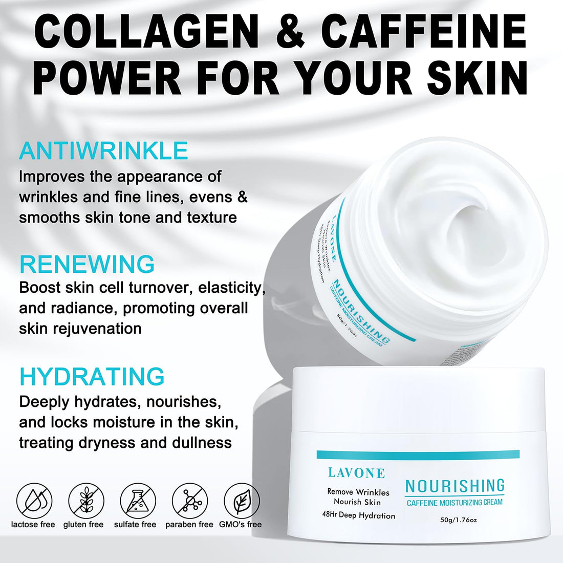 Face Moisturizer - LAVONE Moisturizer Face Cream for Women and Men with Caffeine, Hyaluronic Acid, Vitamin E/C | Daily and Night Facial Moisturizer | For Dry, Oily, Sensitive, and Acne-Prone Skin