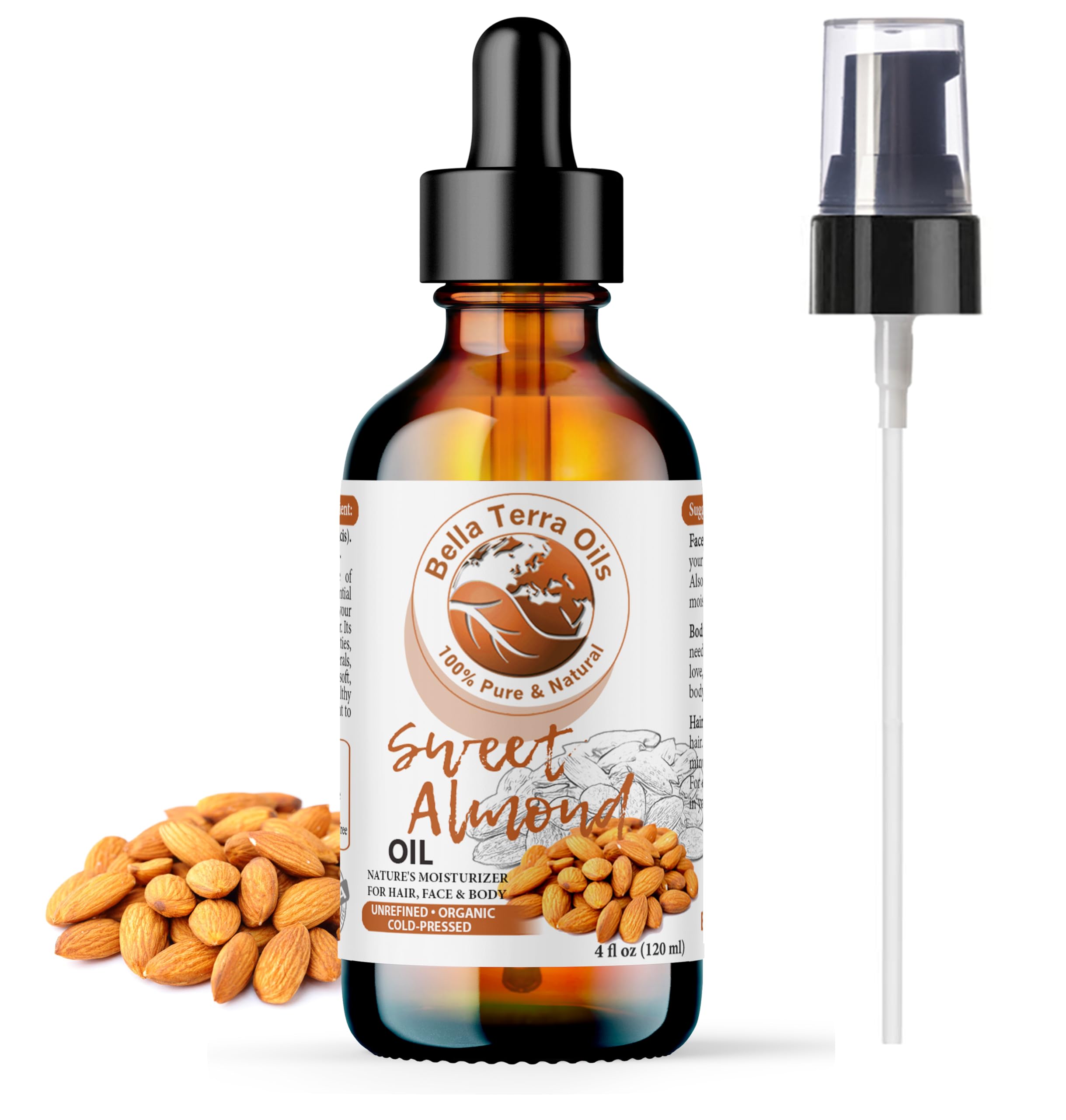 NEW Sweet Almond Oil. 4oz. Cold-pressed. Unrefined. Organic. 100% Pure. Pasteurized. Hexane-free. Fights Wrinkles. Softens Hair. Natural Moisturizer. For Hair, Face, Body, Nails, Beard, Stretch Marks.