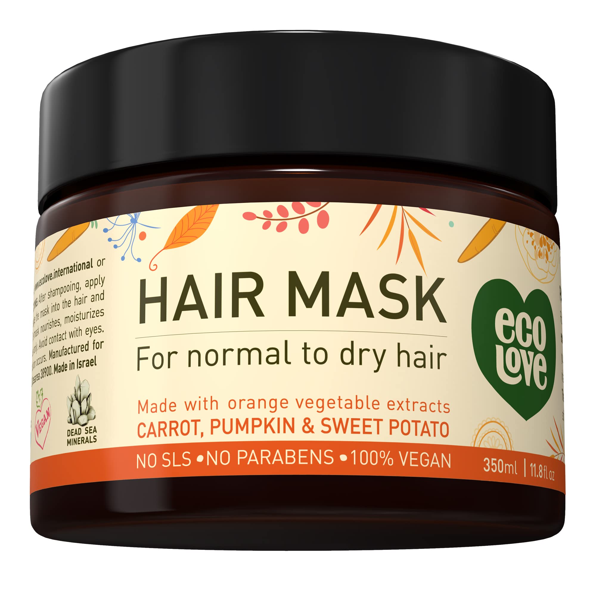 ecoLove Orange Collection Hair Mask for normal to dry hair - Carrots, Pumpkins & Sweet Potatoes. 100% VEGAN (11.8 Oz)