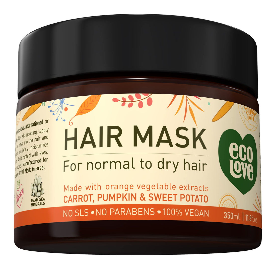 ecoLove Orange Collection Hair Mask for normal to dry hair - Carrots, Pumpkins & Sweet Potatoes. 100% VEGAN (11.8 Oz)