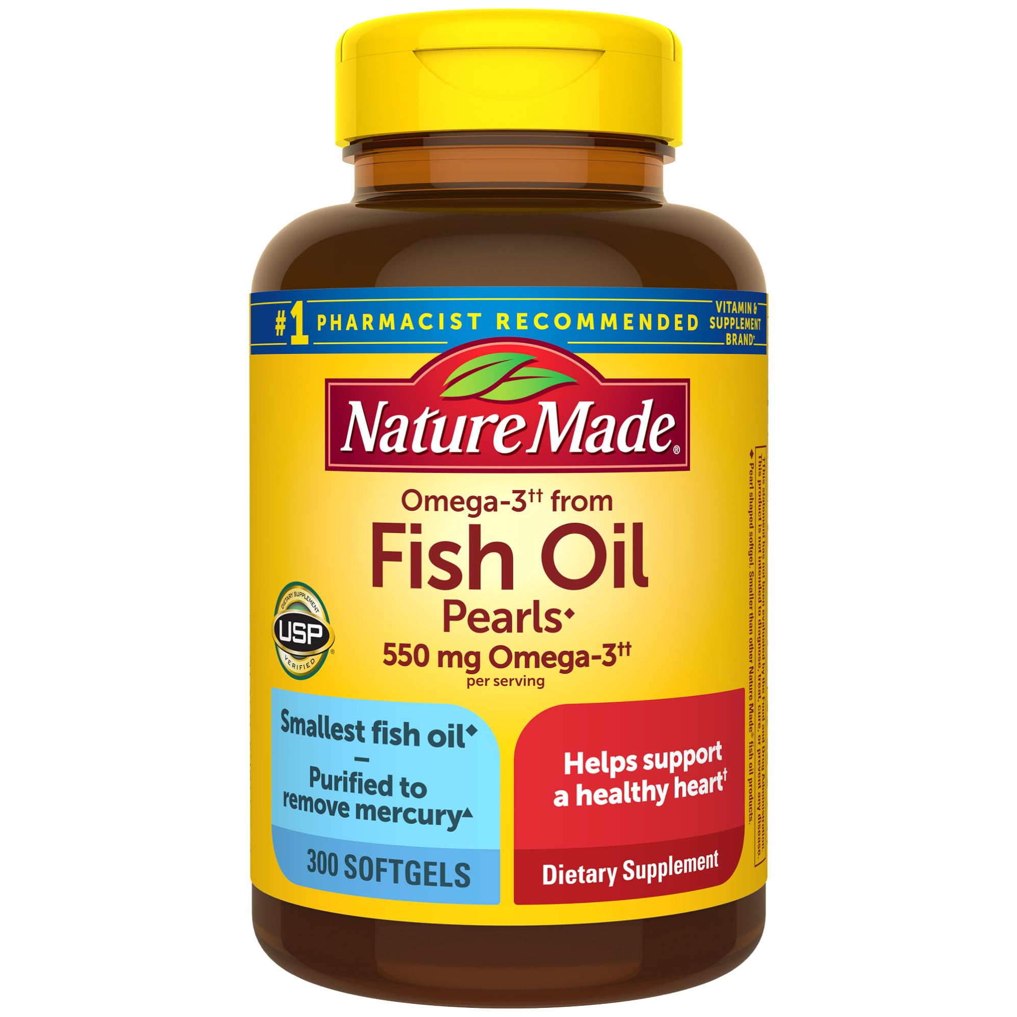 Nature Made Omega 3 Fish Oil Pearls 550 mg per serving, Small Size Fish Oil Supplements as Ethyl Esters, Omega 3 Supplement for Healthy Heart Support, 300 Softgels, 100 Day Supply