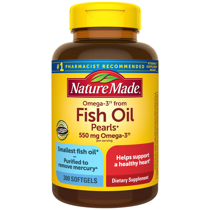 Nature Made Omega 3 Fish Oil Pearls 550 mg per serving, Small Size Fish Oil Supplements as Ethyl Esters, Omega 3 Supplement for Healthy Heart Support, 300 Softgels, 100 Day Supply