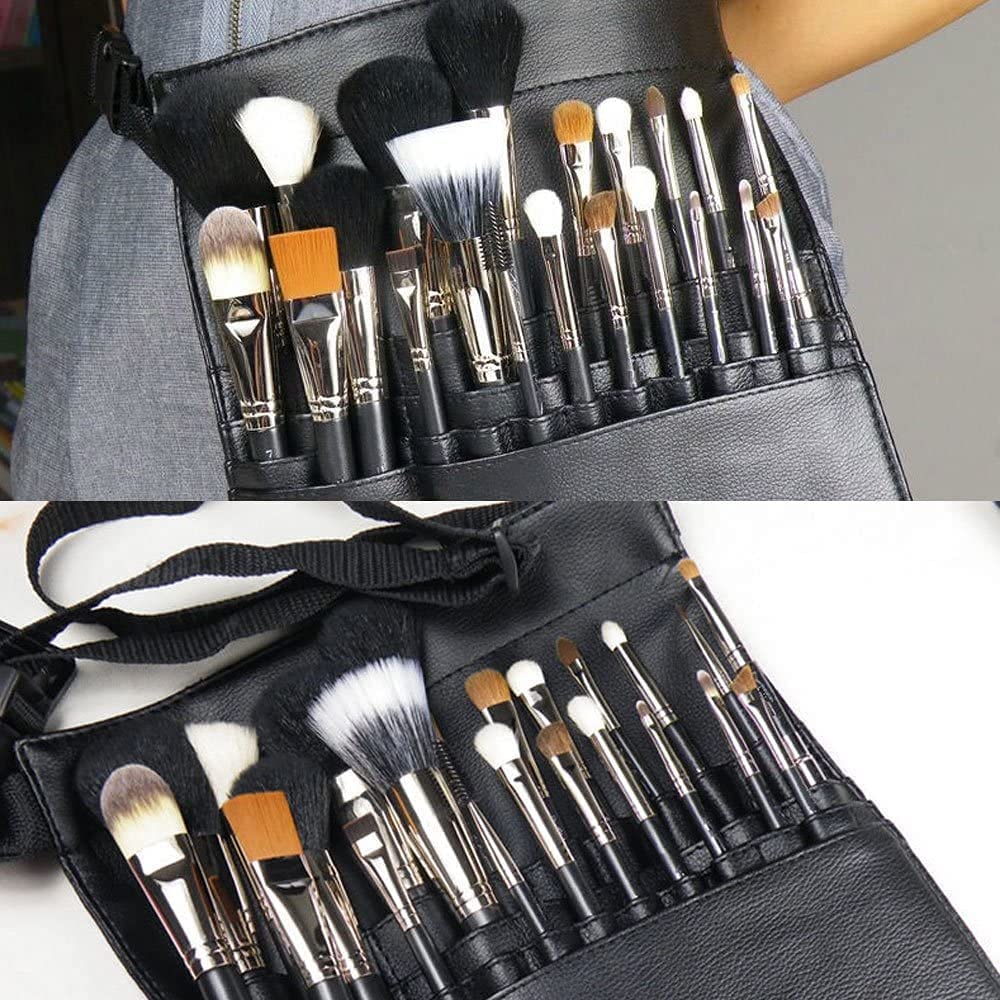 Professional 22 Pockets PU Leather Cosmetic Makeup Brush Bag Case Holder with Belt Strap, Brushes Not Included
