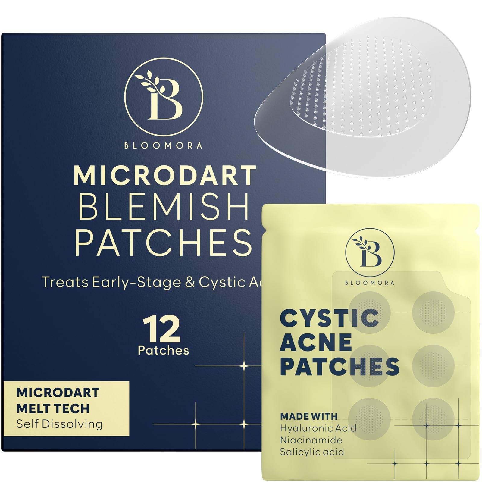 BLOOMORA Microdart Acne Patch, Zit Patches for Cystic Acne Overnight Care, Cystic Acne Coverage, Pimple Patches Microdart Technology - Salicylic & Hyaluronic Acid (12 Count)