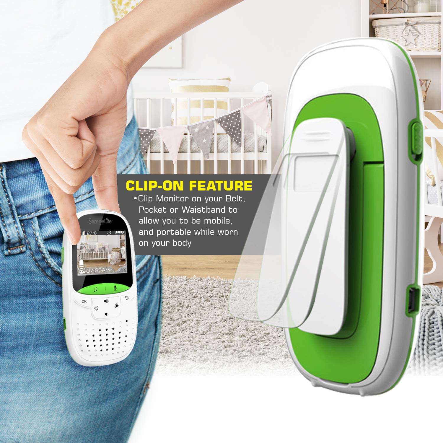 SereneLife USA Video Baby Monitor - Upgraded 850’ Wireless Long Range Camera, Night Vision, Temperature Monitoring and Portable 2” Color Screen with Clip - SLBCAM10.5, Green