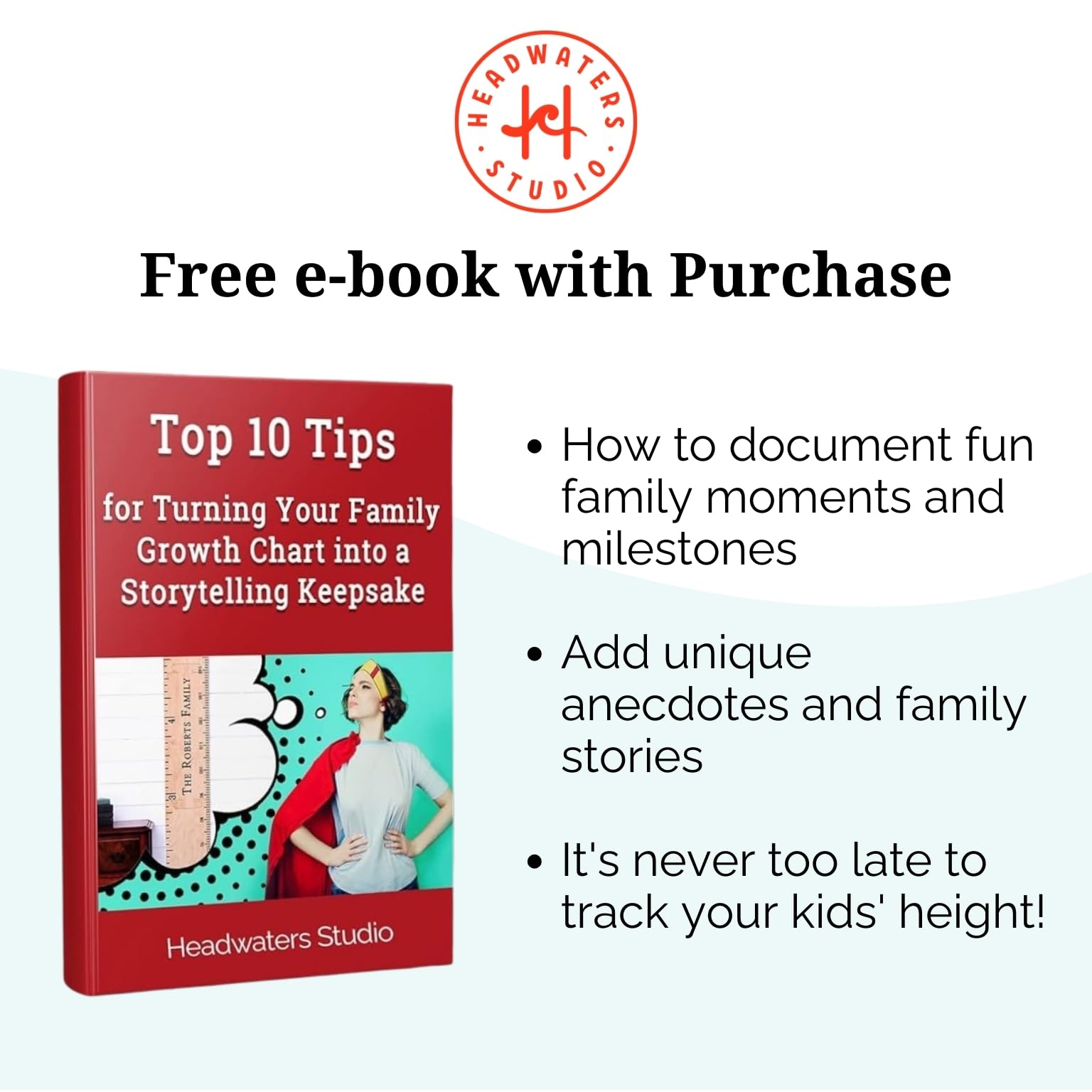 HEADWATERS STUDIO Wooden Kids Growth Chart - Measuring Board with Natural Design (63x6.7)