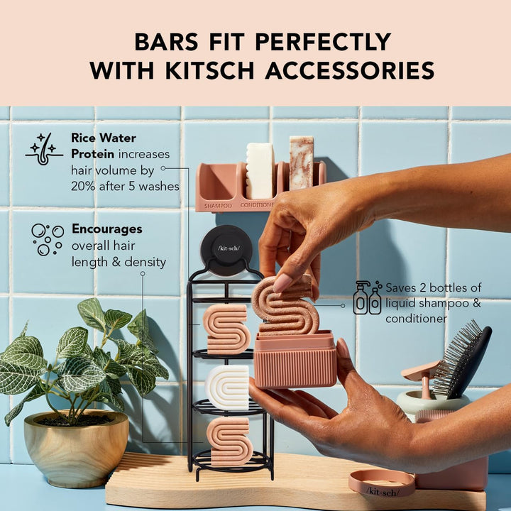 Kitsch Rice Bar Shampoo & Conditioner Set - Solid Shampoo & Conditioner Bar Set for Strengthening Hair, Paraben-Free, Rice Water Shampoo Bar & Conditioner Soap, Made in USA, 2pcs