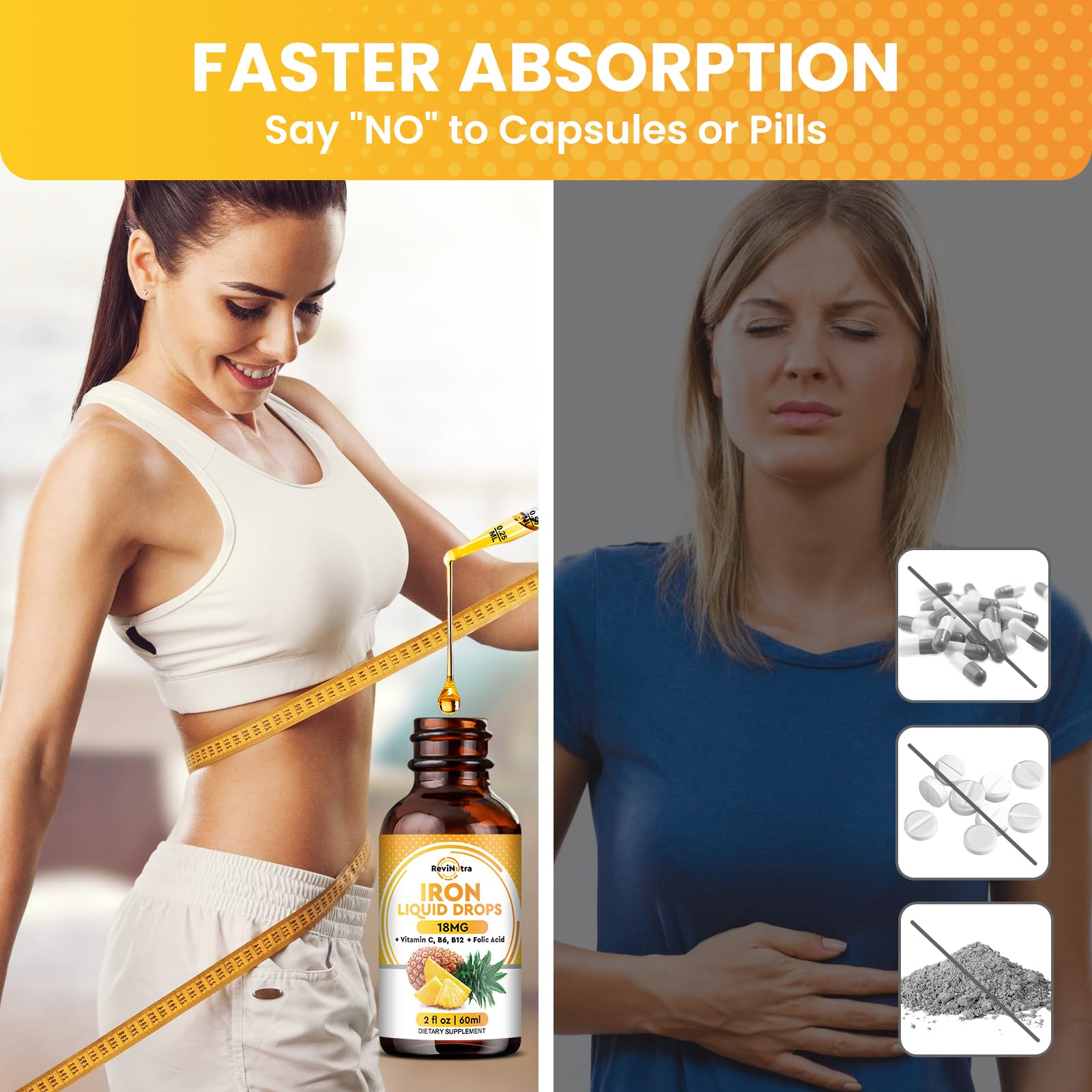 2 Pack Liquid Iron Supplement for Women, Men & Kids, Liquid Iron Drops with Folate, Vitamin C, B6, B12 for Anemia, Red Blood Cell, Energy Support, Pineapple Flavor