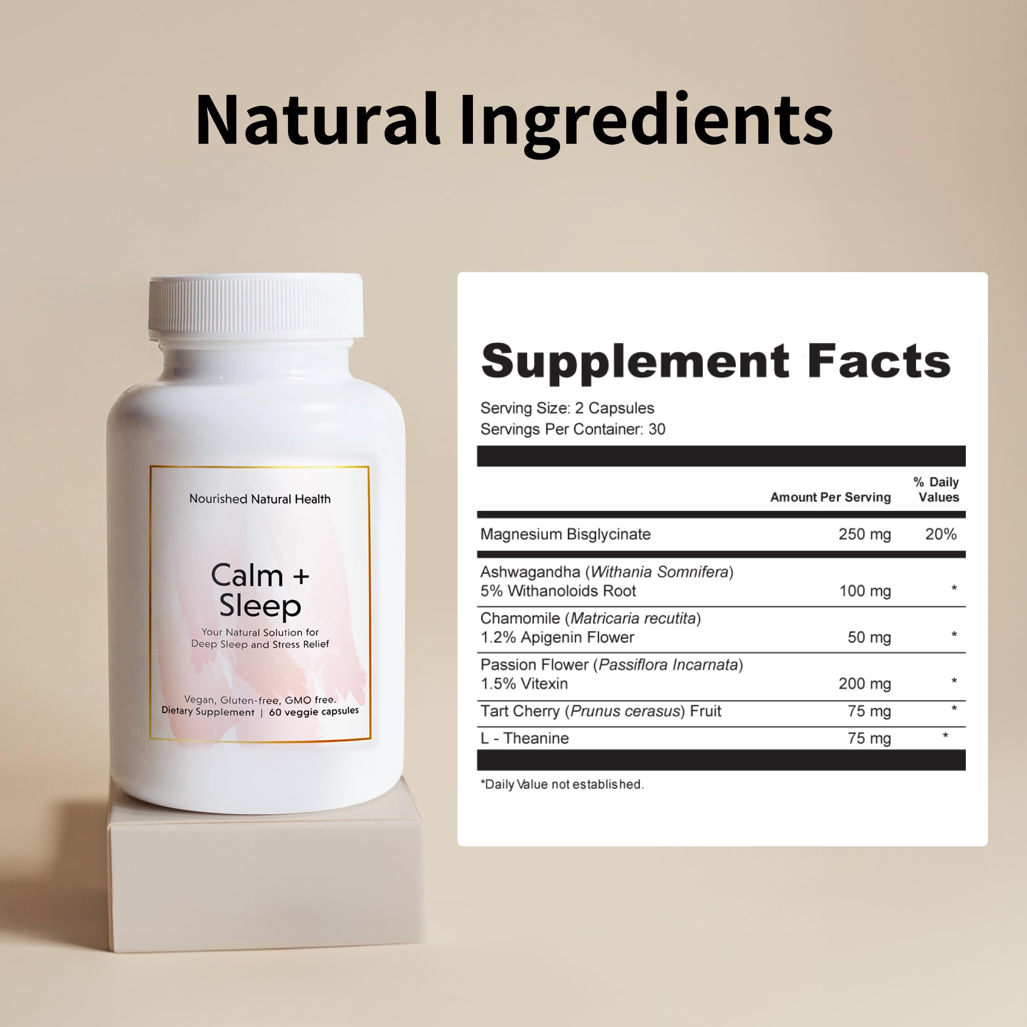 Nourished Naturals - Calm + Sleep Capsules for Deep Sleep & Stress Relief with Ashwagandha, Chamomile, Tart Cherry Extract, Passionflower, L-theanine, & Magnesium Bisglycinate - 180 Capsules