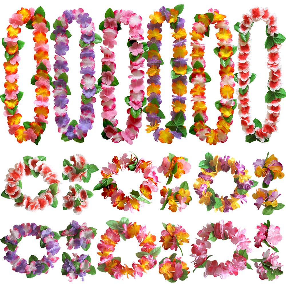 Hawaiian Leis Tropical Hawaii Luau Leaf Leis Flower Wreath Necklace Women Garland for Graduation Wedding Vacation Summer Beach Pool 24 Pack