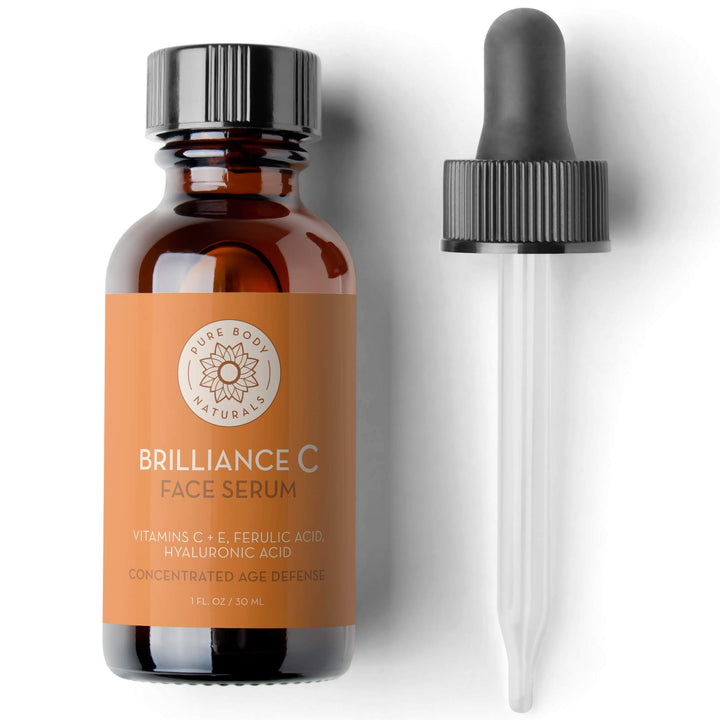 Hyaluronic Acid Serum, New and Improved Brilliance-C Vitamin C Serum for Face, Age-Defying Dark Spot Corrector for Face - Vegan, Cruelty-Free Facial Serum - Wrinkle Serum by Pure Body Naturals, 1 oz