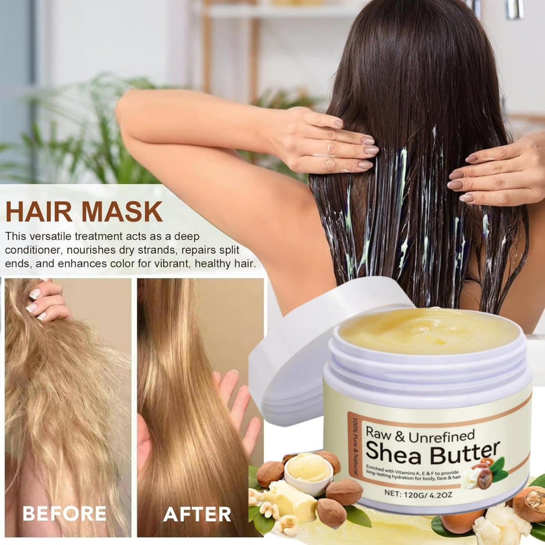Pure Organic Shea Butter, Raw Body Butter Enriched with Vitamin A, Vitamin F, Deep Nourishing Body Hair and Face, Long-Lasting for Dry Skin, Hair Care, Natural Moisturizer
