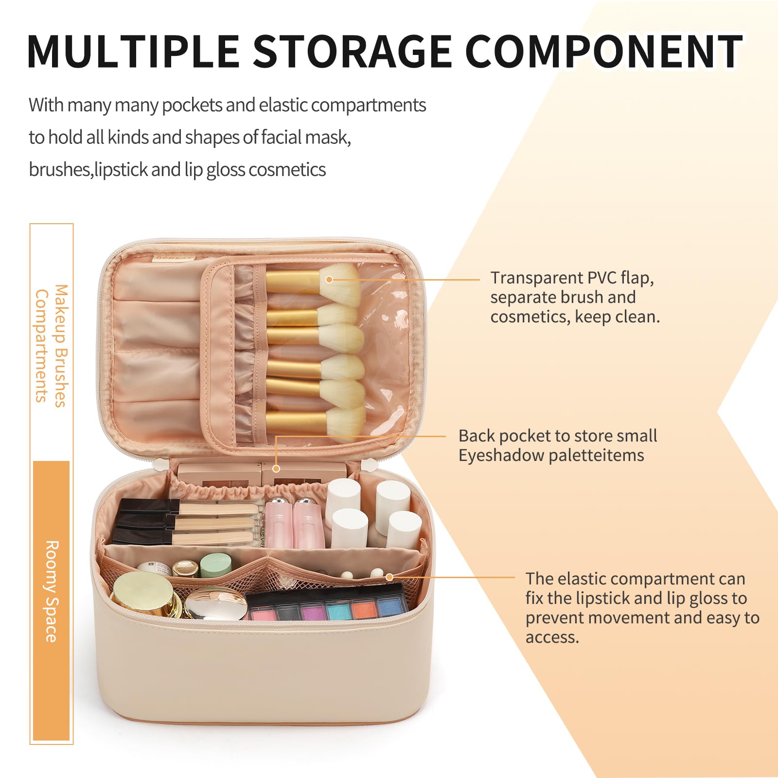 OCHEAL Beige Makeup Bag,Travel Makeup Organizer Bag, Large Capacity Cosmetic Bags For Women Large Travel Toiletry Bag Girls Traveling With Brush Slot And Divider-White