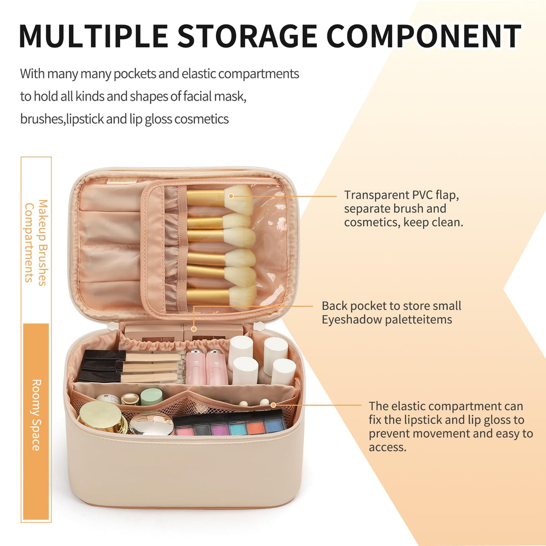 OCHEAL Beige Makeup Bag,Travel Makeup Organizer Bag, Large Capacity Cosmetic Bags For Women Large Travel Toiletry Bag Girls Traveling With Brush Slot And Divider-White