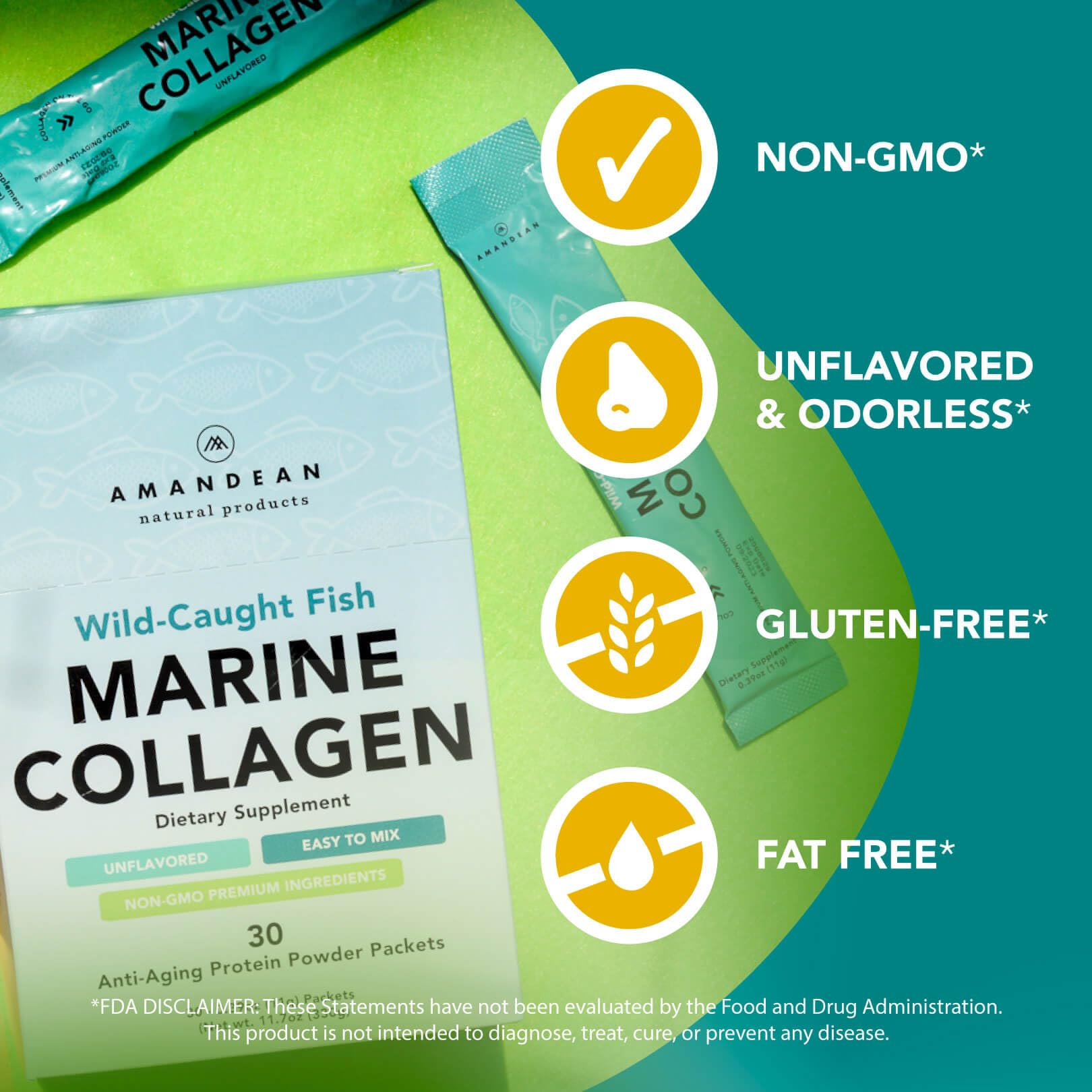 AMANDEAN Marine Collagen Peptides Powder Stick Packs. Wild-Caught Fish. 30 Single Use Individual Packets. Hair, Skin & Nails. Non-GMO, Zero Carbs, Unflavored, High Bioavailability.