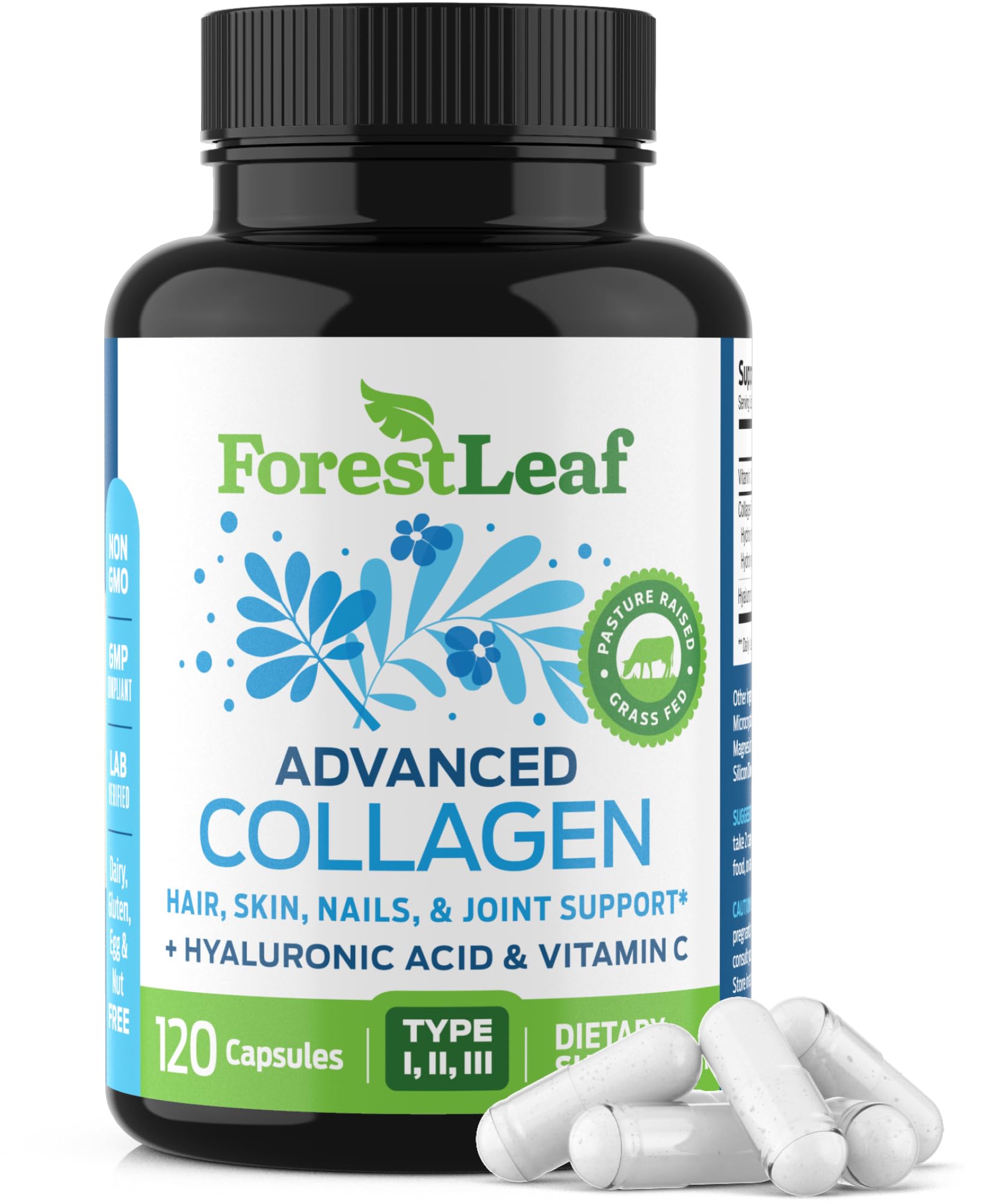 ForestLeaf Multi Collagen Pills with Hyaluronic Acid + Vitamin C | Hydrolyzed Collagen Supplements for Women or Men | Multi Collagen Capsules Peptides for Skin, Wrinkles, 120 Caps