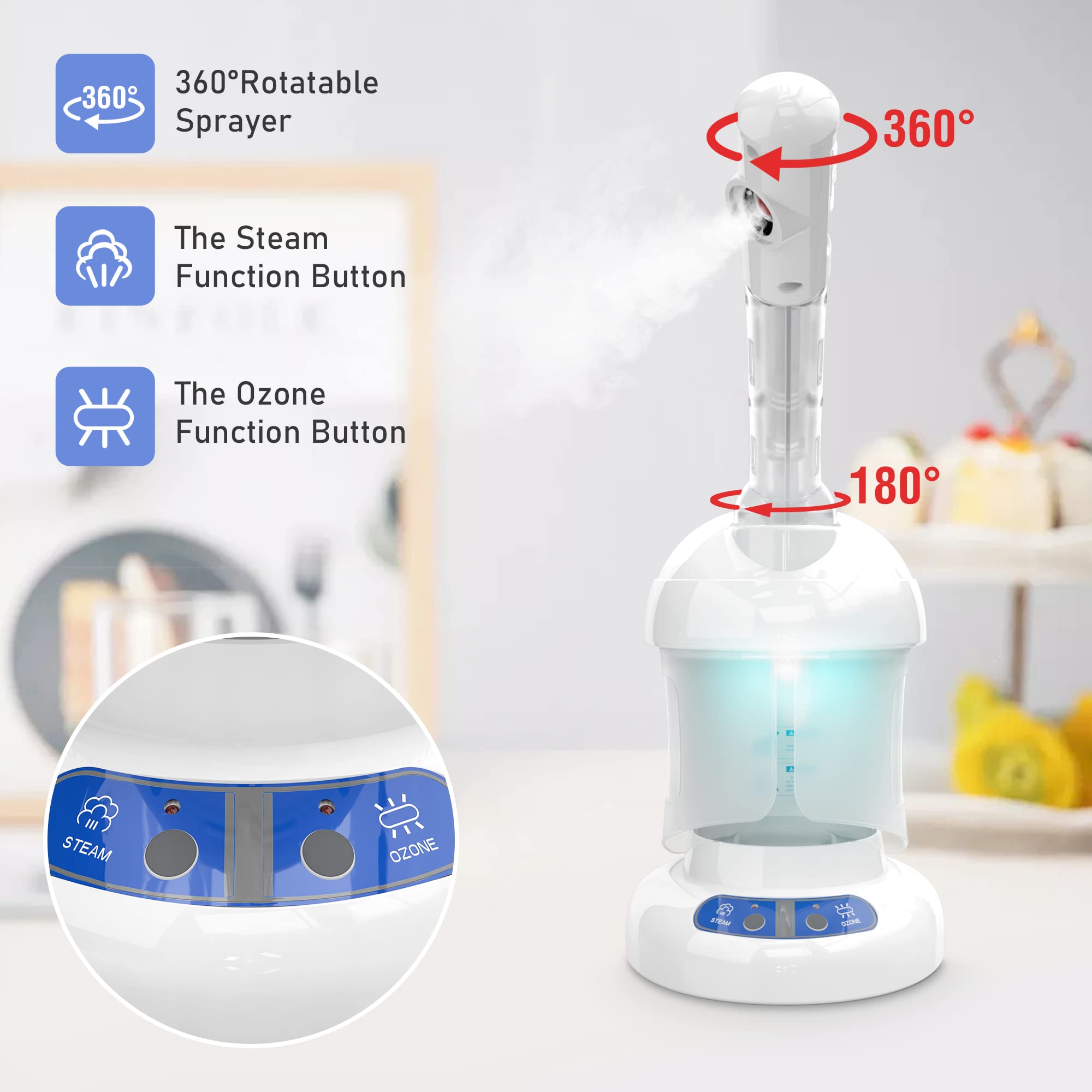 Kingsteam Facial Steamer, with Extendable Arm Ozone Table Top Mini Spa Face Steamer Design For Personal Care Use At Home or Salon, White
