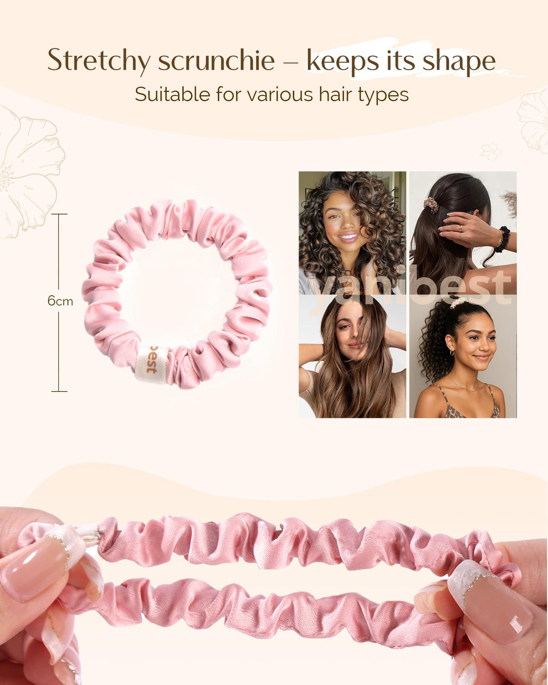 Yanibest 6 Pcs Silk Hair Ties - Satin Scrunchies for Women, Thin Hair Ties, Ponytail Holders Hair Care No Damage