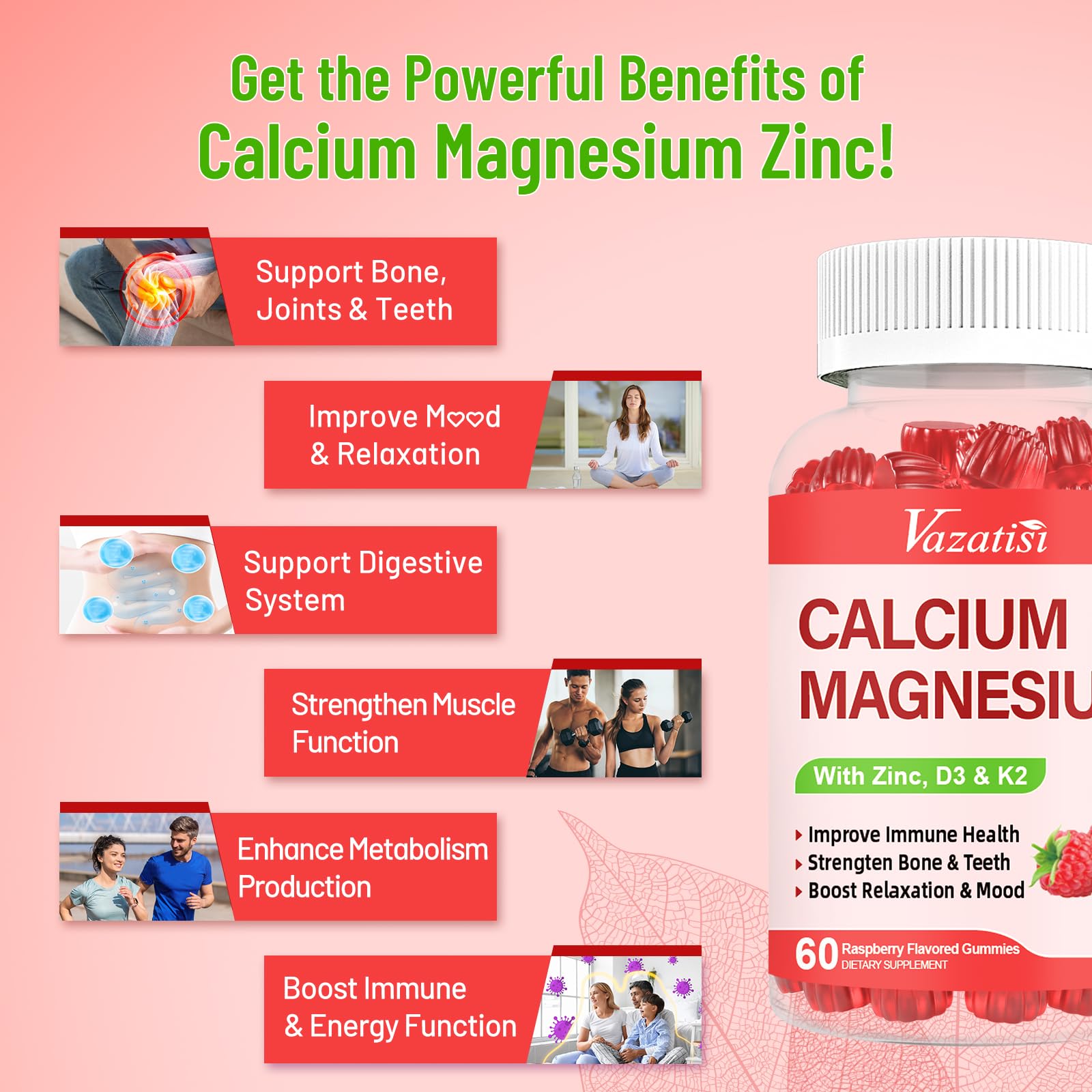 Calcium Magnesium Zinc Gummies with Vitamin D3 & K2, High Absorption Magnesium Glycinate Potassium for Immune and Calm Mood, Raspberry Flavor 120 Gummies