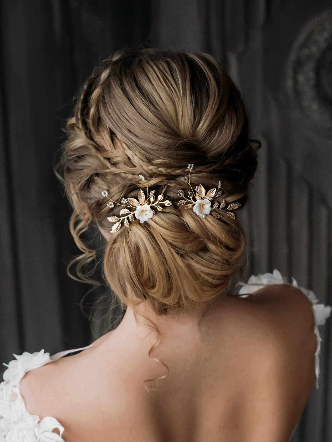 SWEETV 2Pcs Bridal Hair Accessories,Glod Wedding Hair Pins Pieces With White Flowers for Brides