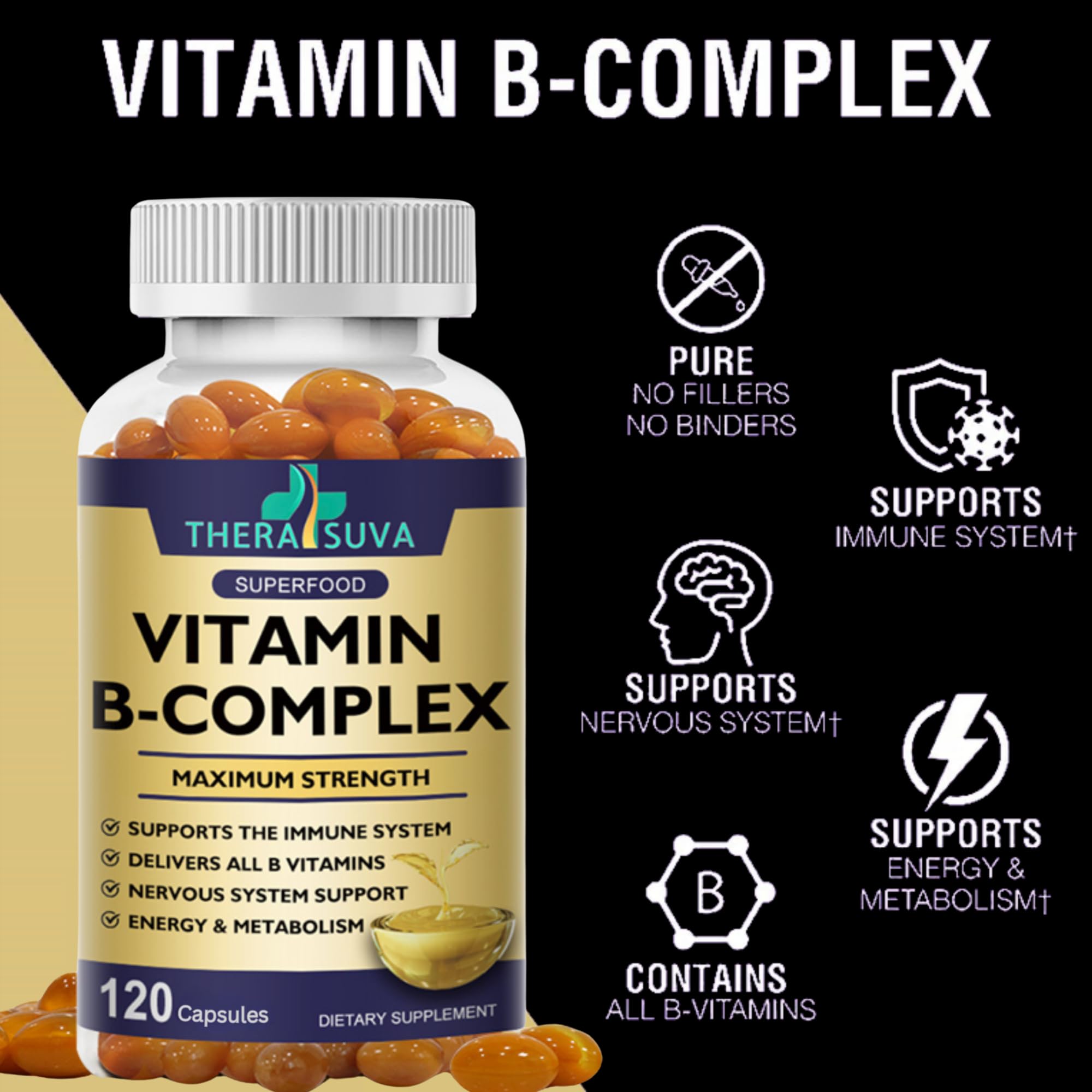 TheraSuva Vitamin B-Complex + CoQ10 + Vitamin C - Max Strength Supplement for Energy, Metabolism Support, 120 Softgels, 60 Day Supply