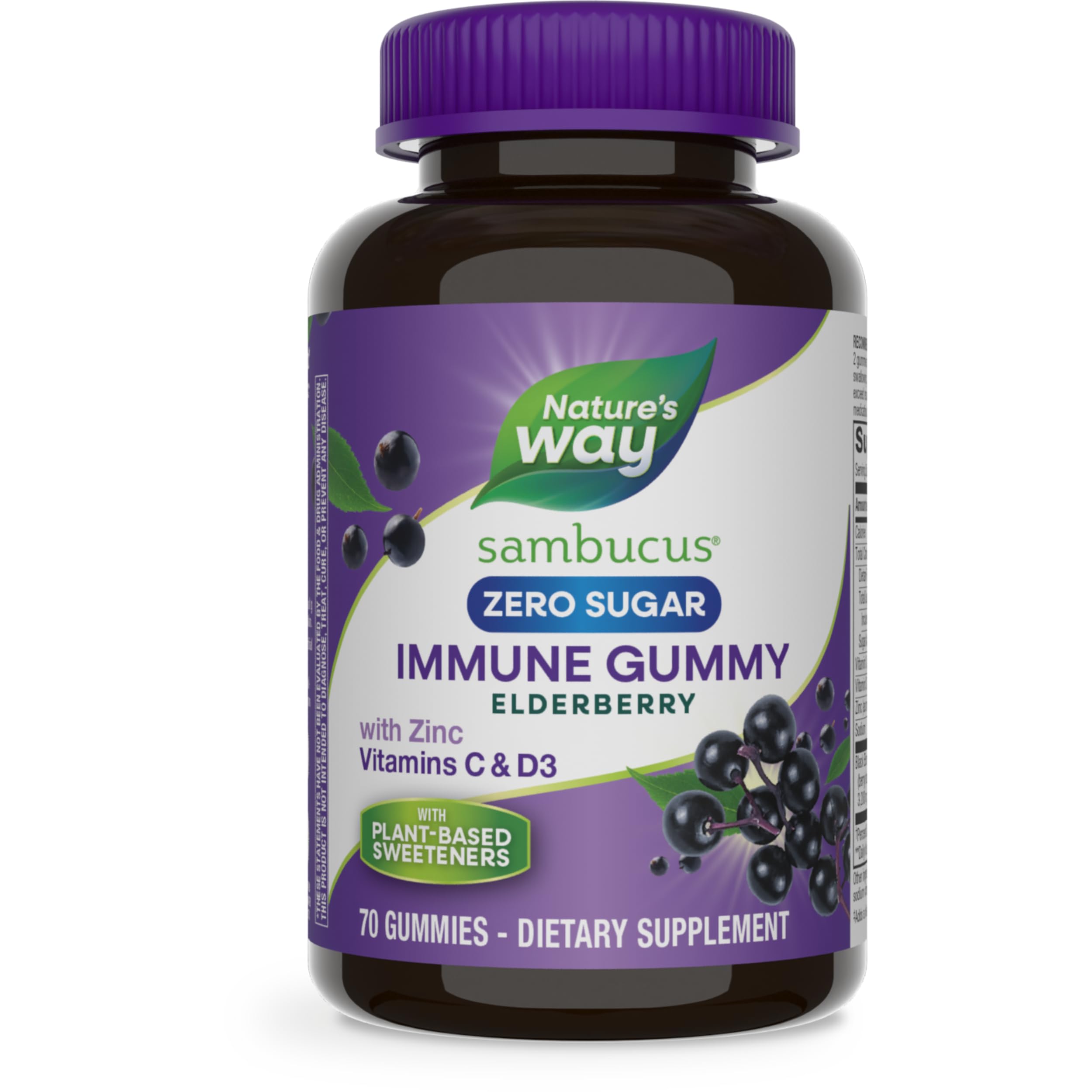 Nature’s Way Sambucus Zero Sugar Immune Gummies, Daily Immune Support*, Black Elderberry Extract, Vitamin C, Vitamin D3, Zinc, Sugar Free, Sugar Alcohol Free, Plant-Based Sweeteners, 70 Gummies