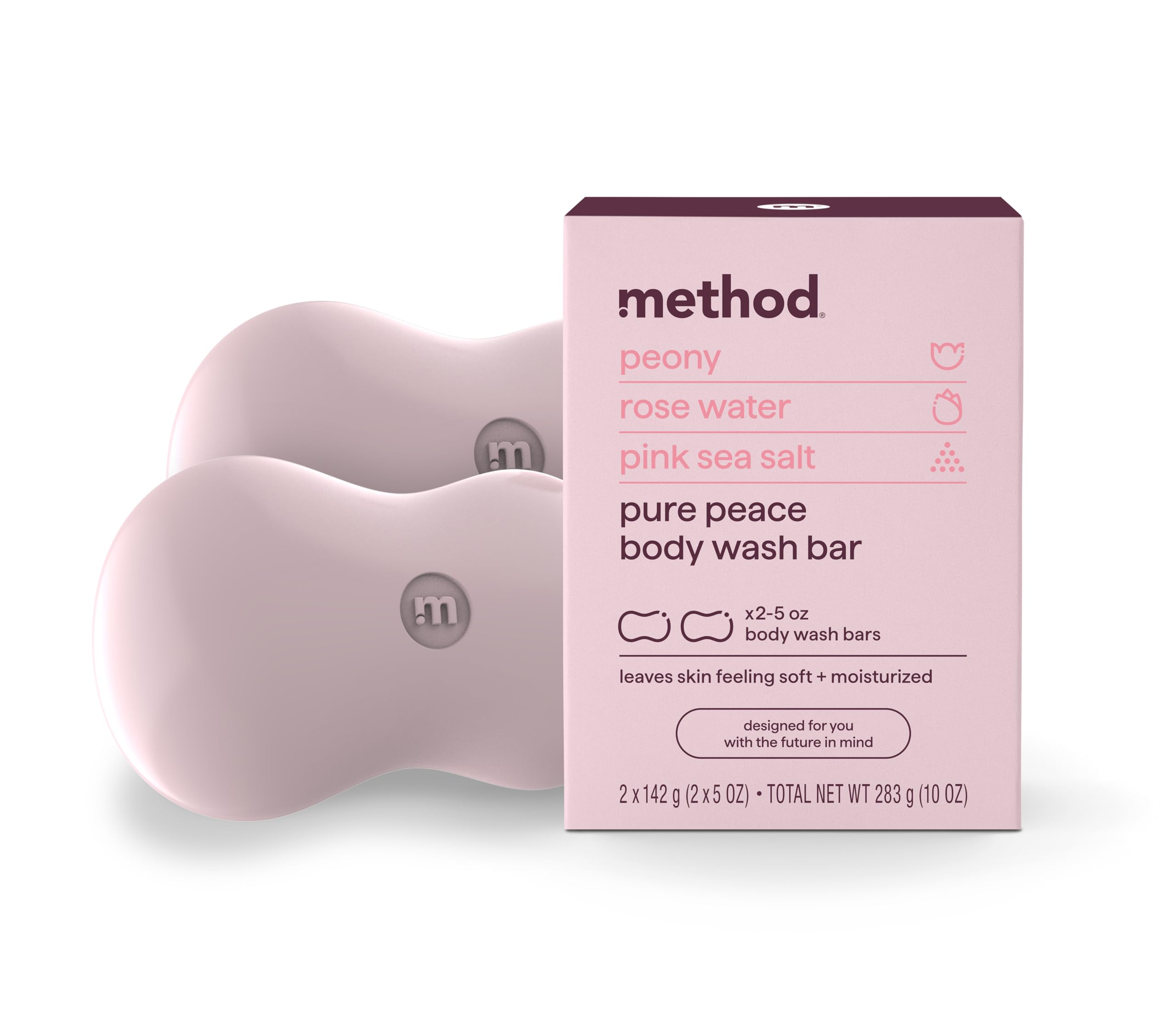 Method Bar Soap, Pure Peace, Pure Peace, Rose Water, Peonies + Pink Sea Salt notes, Plastic Free, 2 bars, 5oz each
