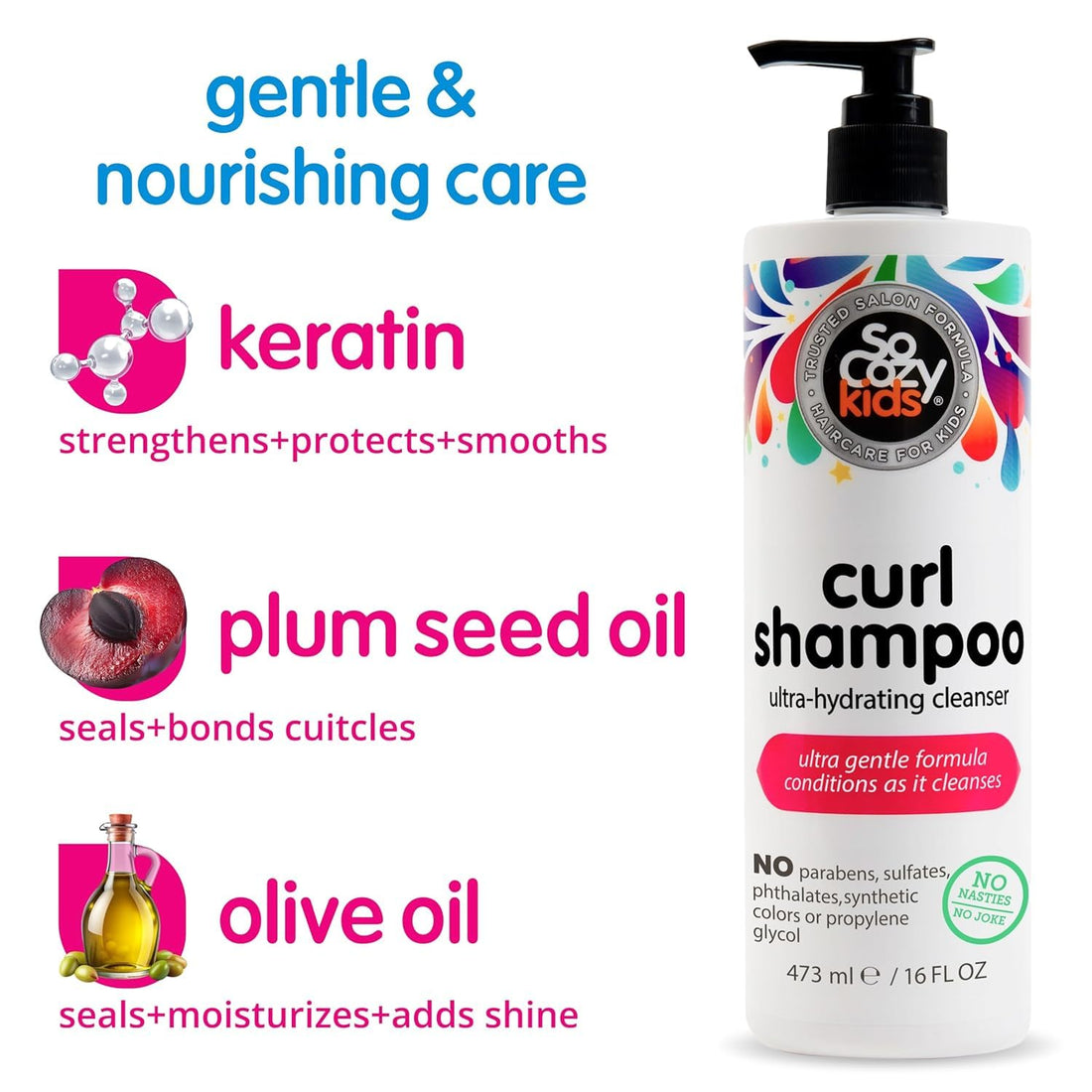 SO COZY Curl Shampoo for Kids Curly Hair (16 Fl Oz Pump) Gentle Hydrating Cleanser, Helps Improve Elasticity, Reduce Breakage & Frizz with Keratin, Plum Seed Oil & Olive Oil, Paraben & Sulfate-Free