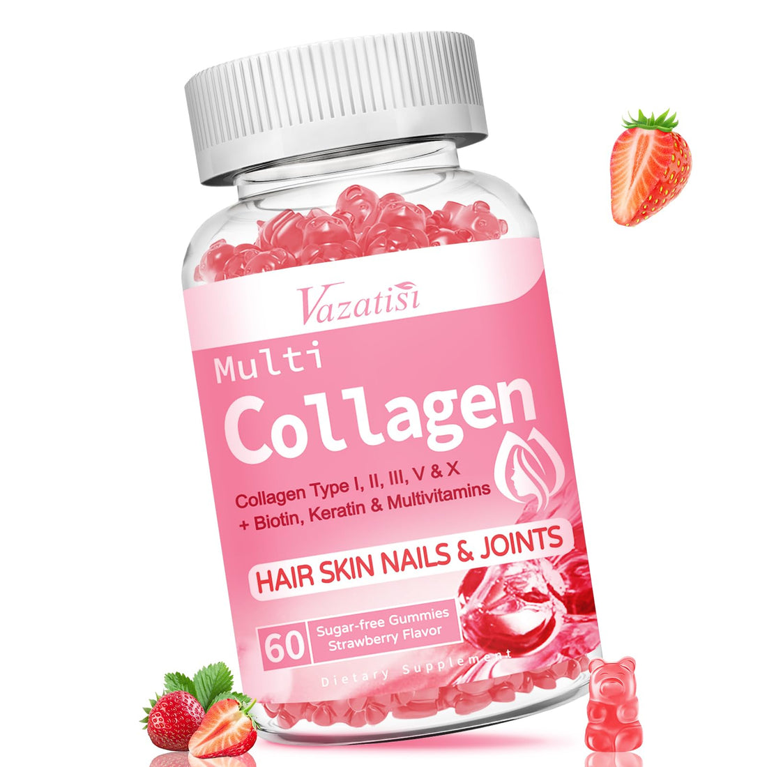Collagen Gummies for Women Men, Sugar Free Protein Collagen Gummies, Hydrolyzed Collagen Peptide Type I II III V X with Biotin Vitamin C A B D E for Skin Hair Nails