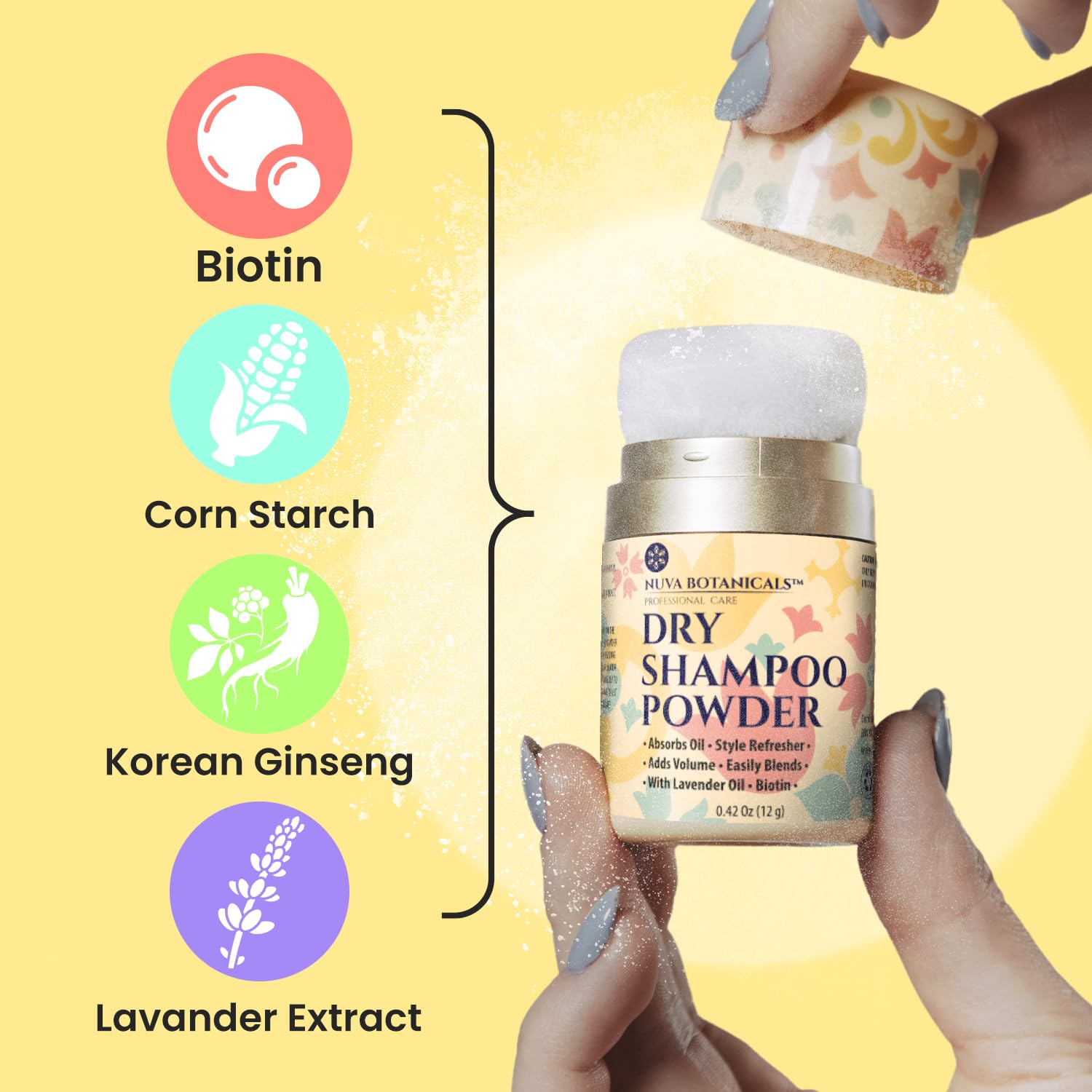 Nuva Botanicals Non Aerosol Dry Shampoo Powder with Biotin - Lavender Extract and Korean Ginseng - Volumizing Travel Size (0.42 oz)