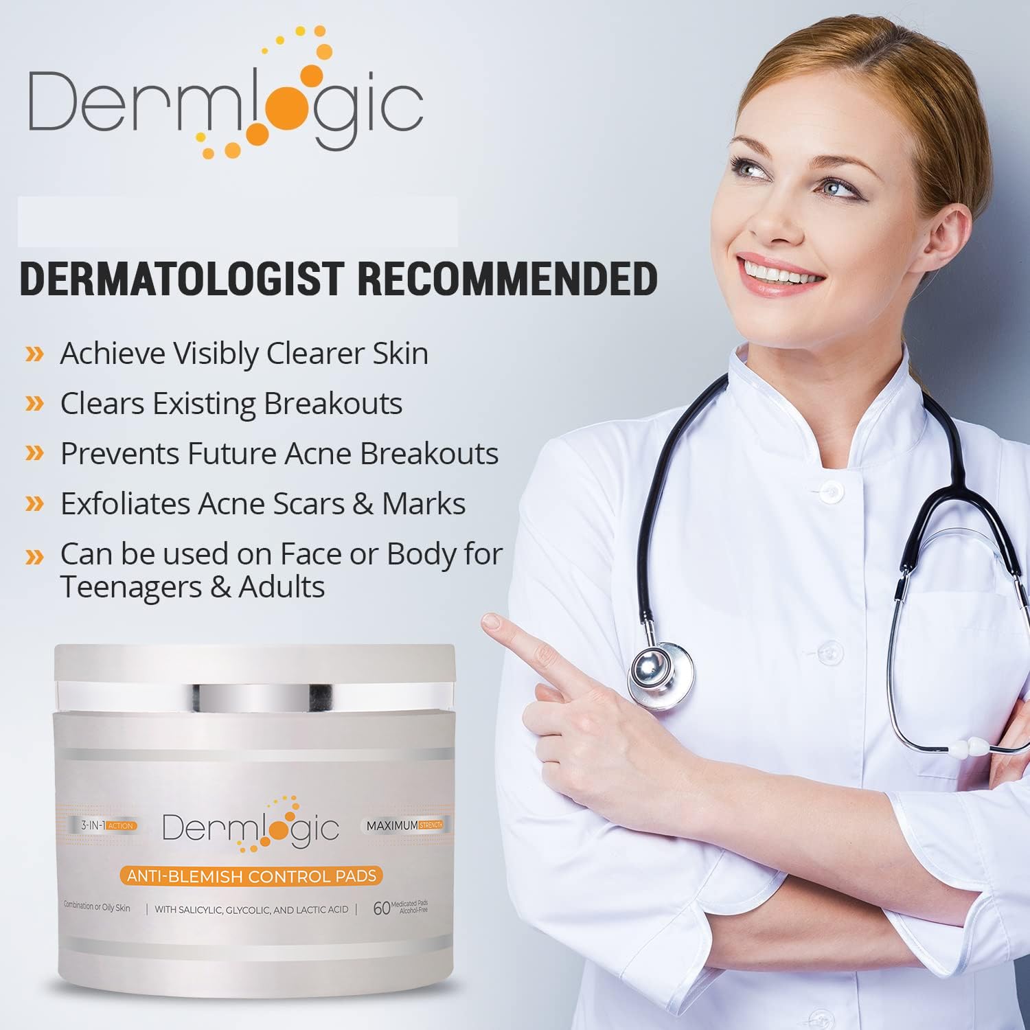 Dermlogic Anti-Blemish Control Pads- Contains Salicylic, Glycolic, Lactic Acid For Face & Body. Clears Away Clogged Pores, Oily Skin & Cystic Breakouts. Removes Dark Spots, Blackhead & White