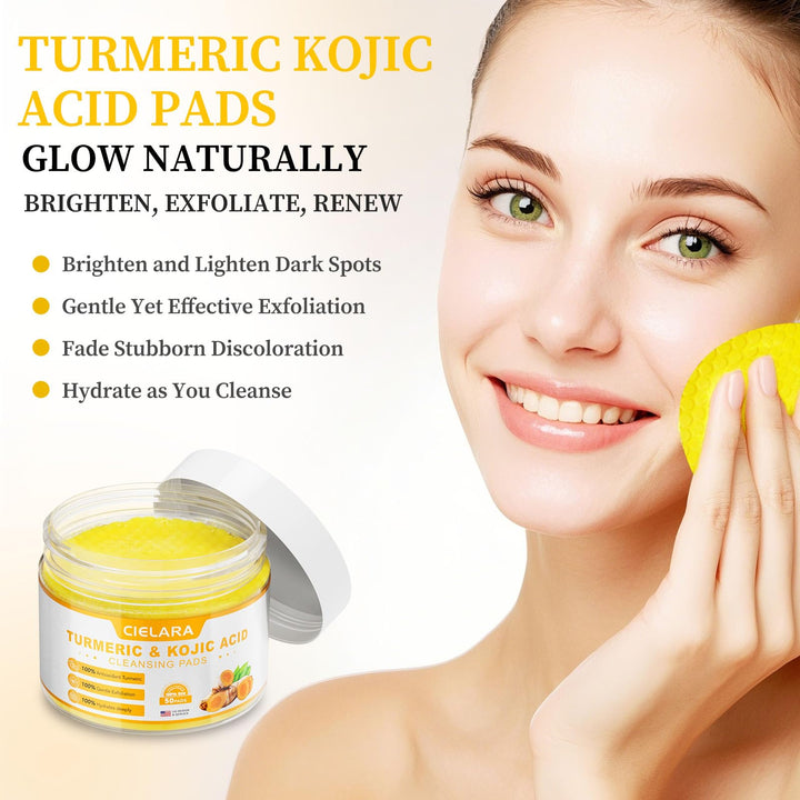 CIELARA Turmeric Kojic Acid Cleansing Pads for Dark Spots Remover for Face, Lemon Turmeric Pads with Vitamin C & E, Deep Clean Pores, Hydrate & Plump Skin Exfoliating with Kojic Acid 50 Count