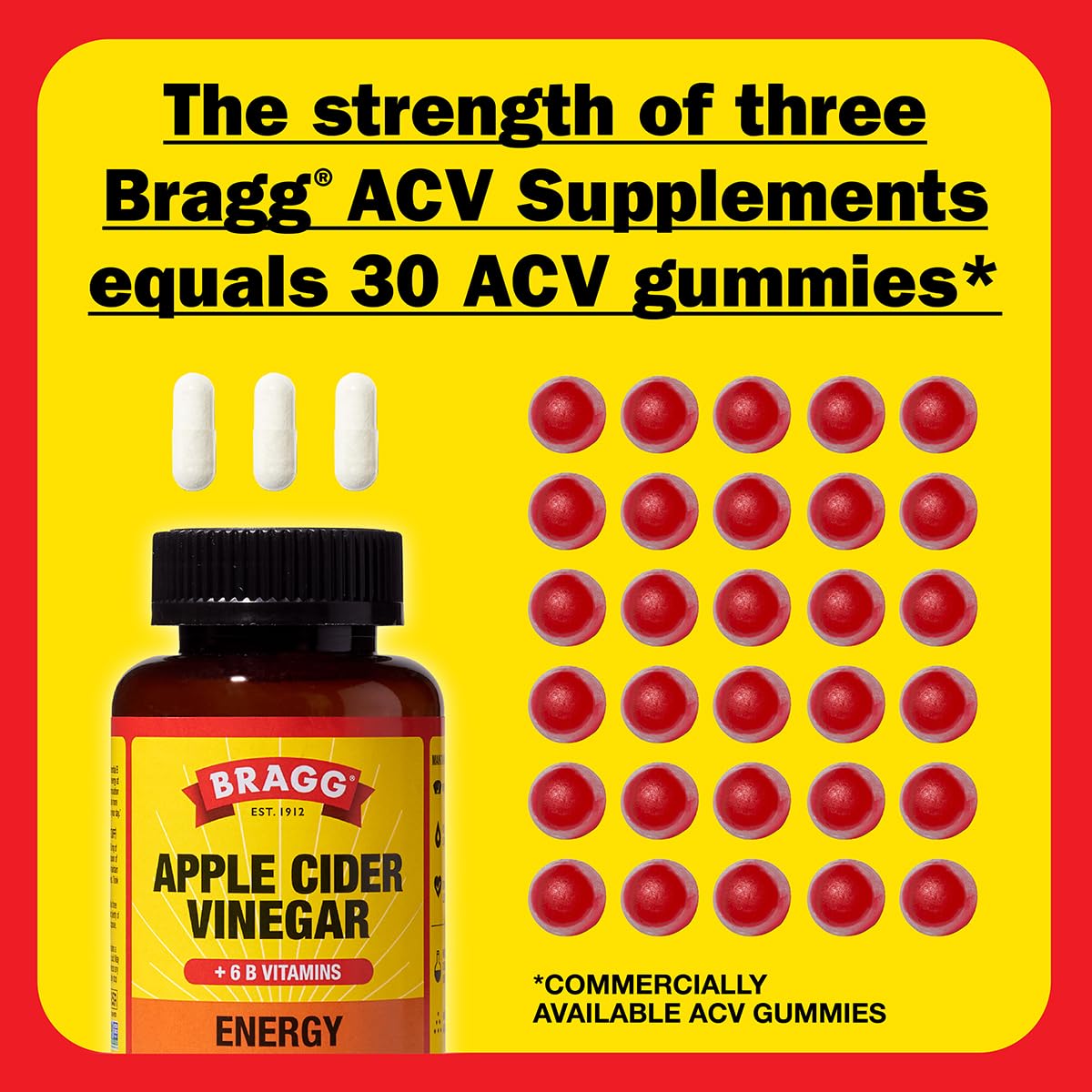 Bragg Energy Apple Cider Vinegar Capsules with B Vitamins - 90 Capsules - Helps Generate Energy at Cellular Level