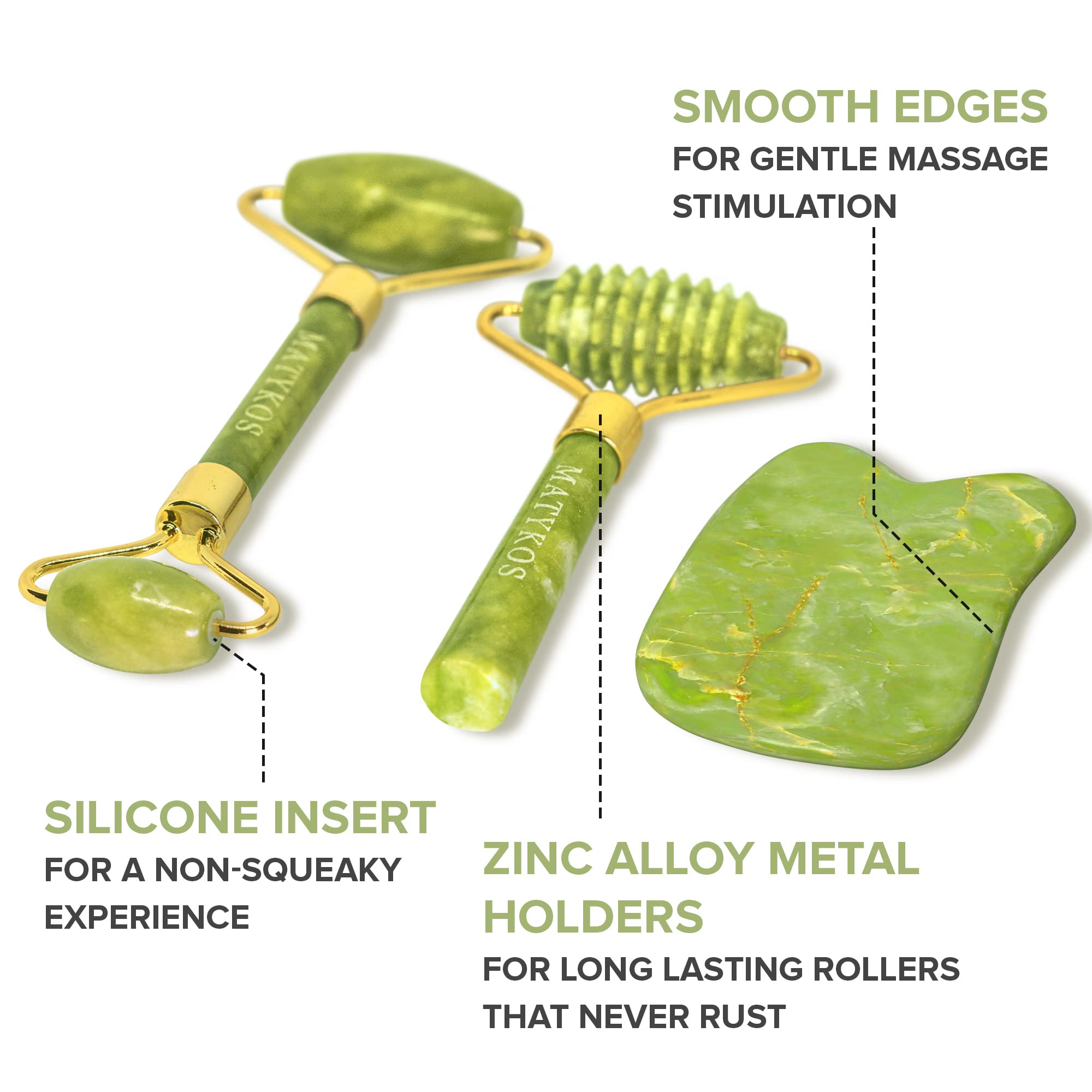 3 in 1 Jade Roller for Face and Gua Sha Set - Helps Reducing Drainage Puffiness Wrinkles Authentic Jade Face Massager Kit - Ridged Roller and Carrying Pouch